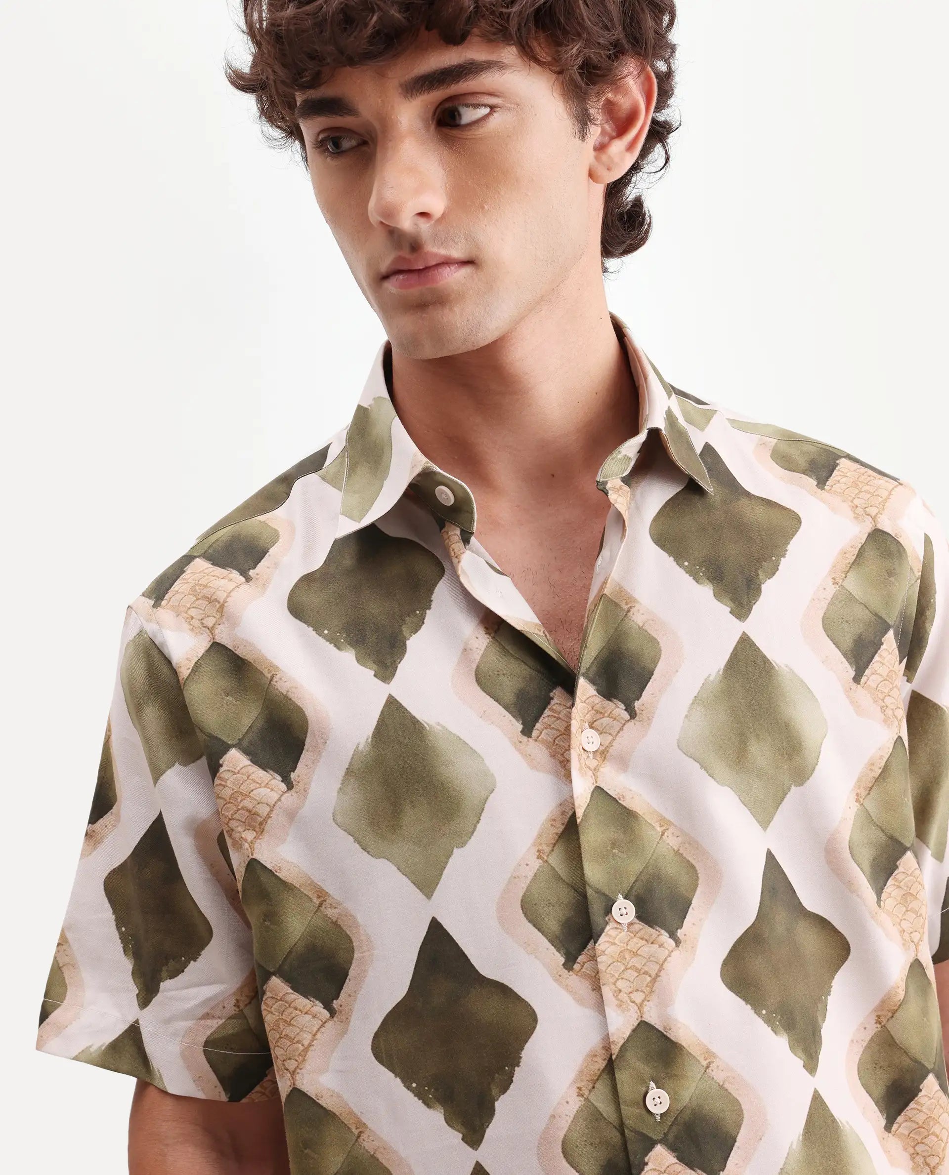 Rare Rabbit Men's Zeken Beige Cotton Blend Fabric Half Sleeve Regular Fit Geometric Print Shirt