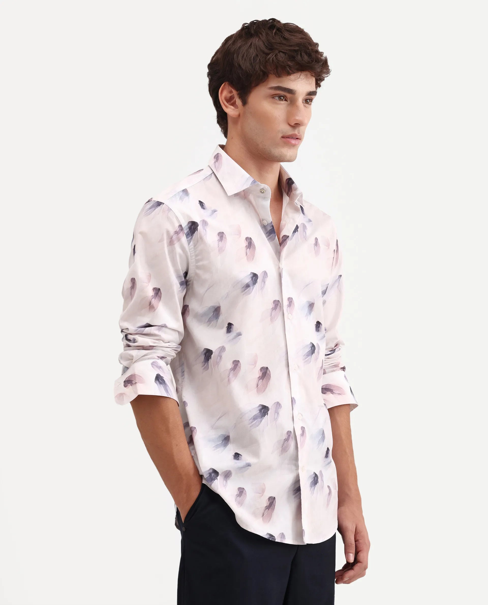 Rare Rabbit Men's Risal White Cotton Fabric Full Sleeve Regular Fit Abstract Print Shirt