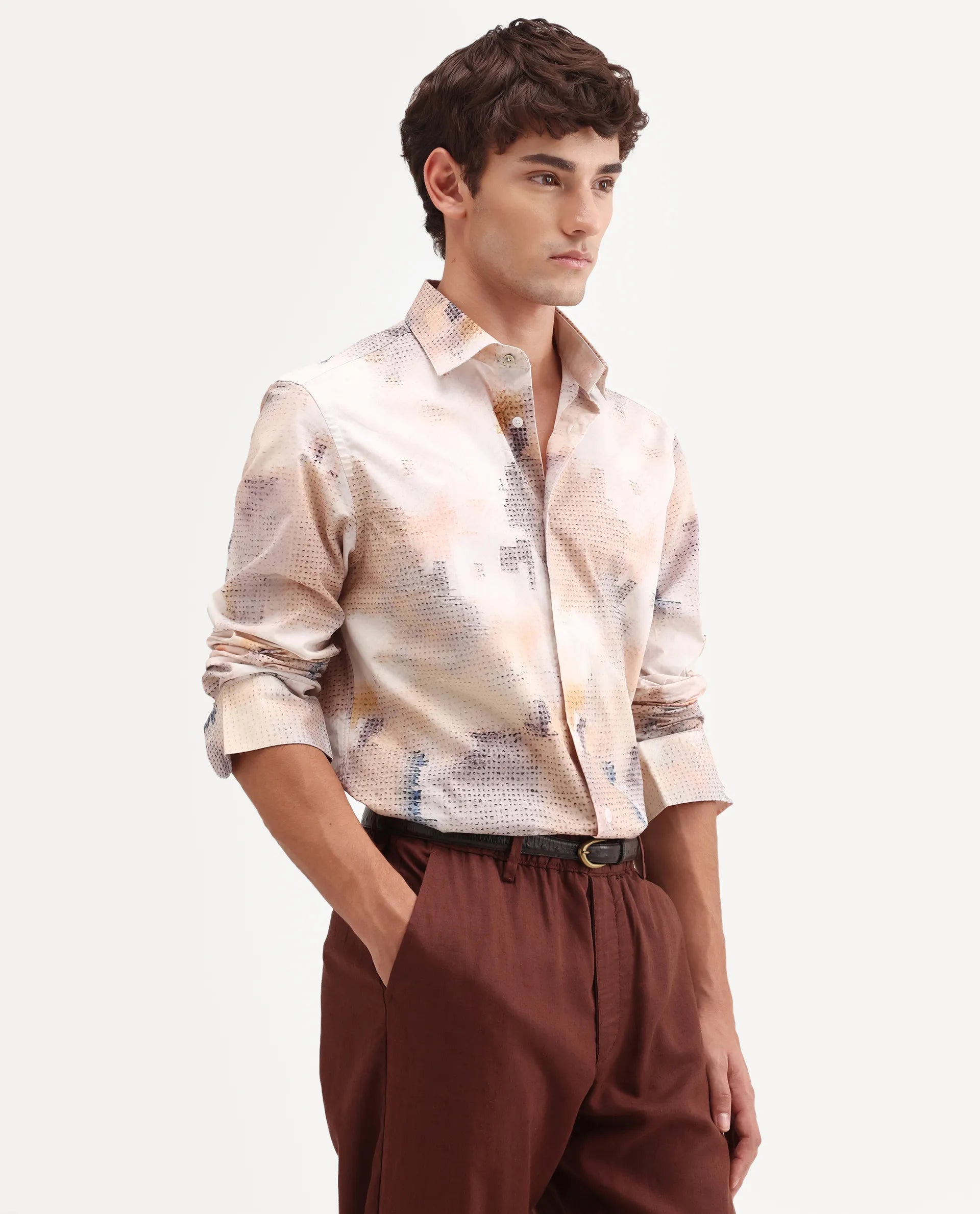 Rare Rabbit Men's Kesp Off White Cotton Fabric Full Sleeve Regular Fit Abstract Print Shirt