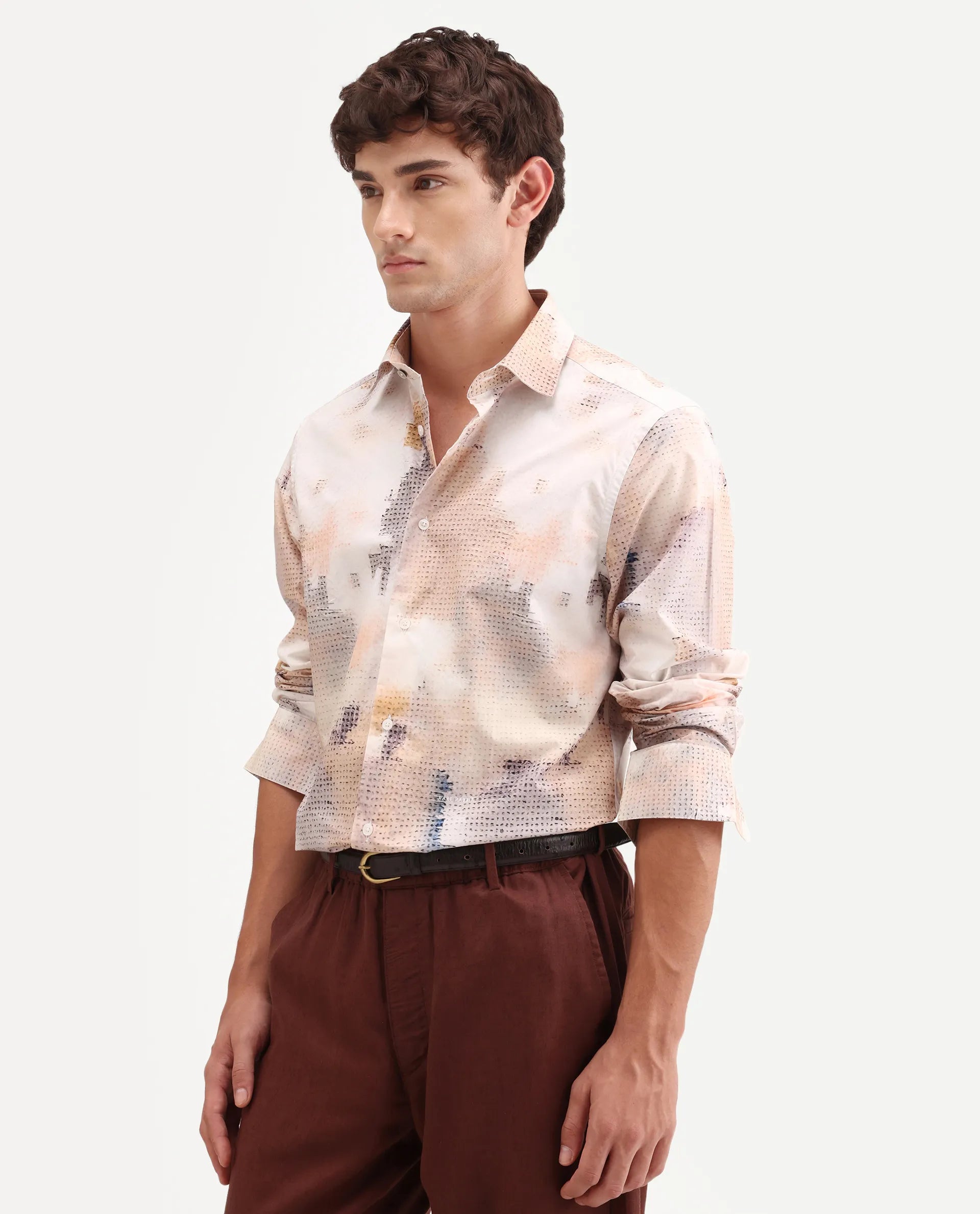 Rare Rabbit Men's Kesp Off White Cotton Fabric Full Sleeve Regular Fit Abstract Print Shirt