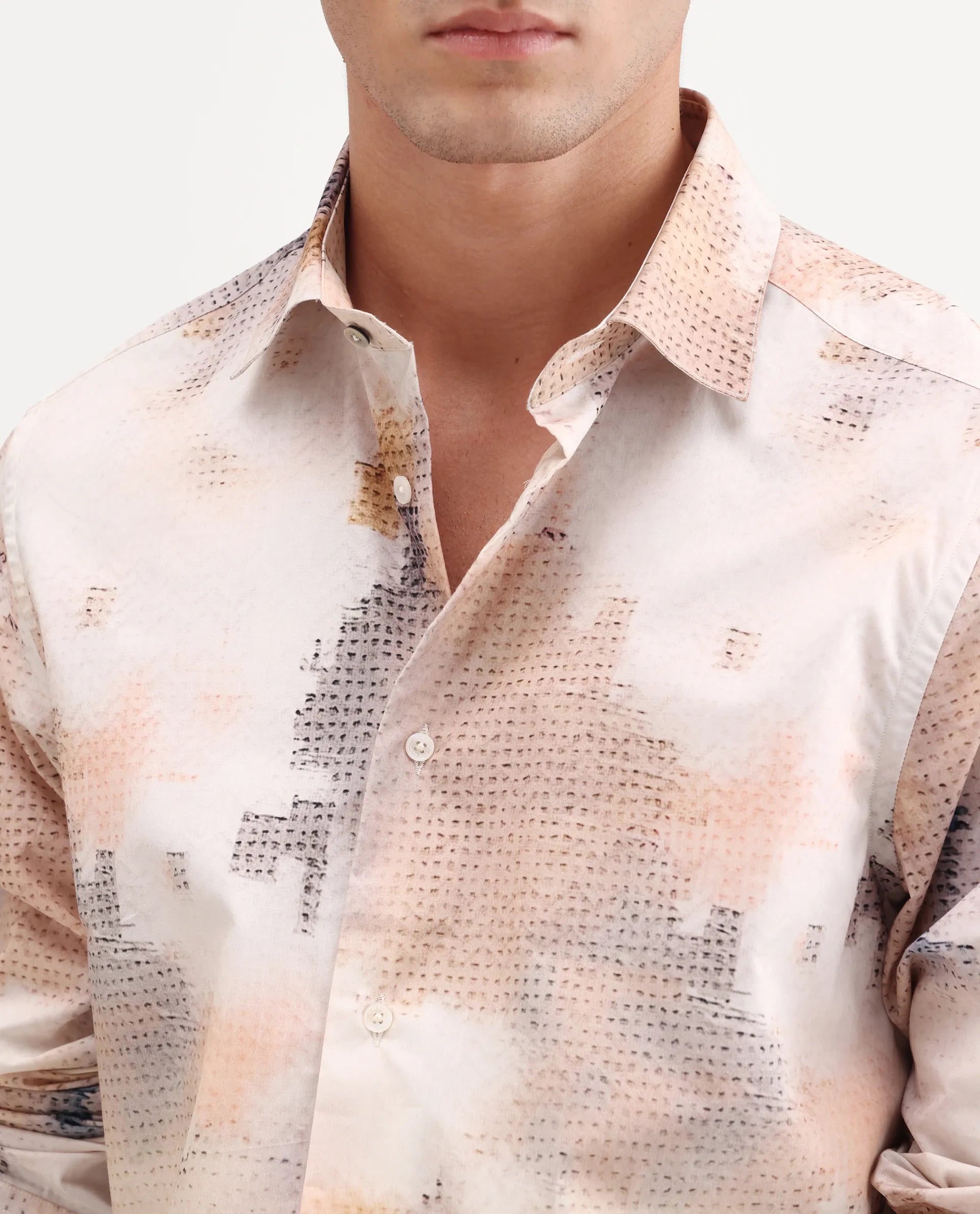 Rare Rabbit Men's Kesp Off White Cotton Fabric Full Sleeve Regular Fit Abstract Print Shirt