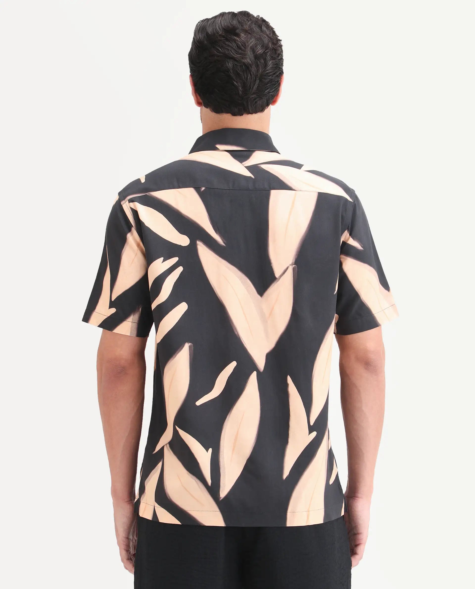 Rare Rabbit Men's Evan Black Viscose Fabric Half Sleeve Regular Fit Abstract Print Shirt