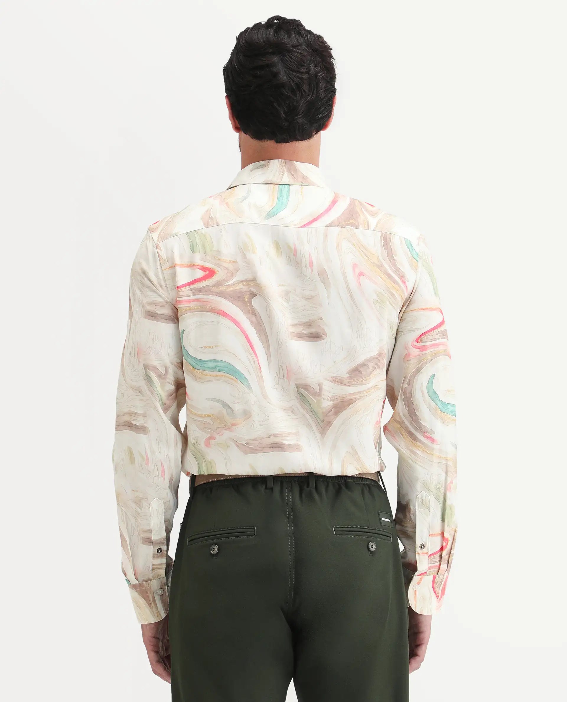 Rare Rabbit Men's Lurk Off White Viscose Fabric Full Sleeve Regular Fit Abstract Print  Shirt