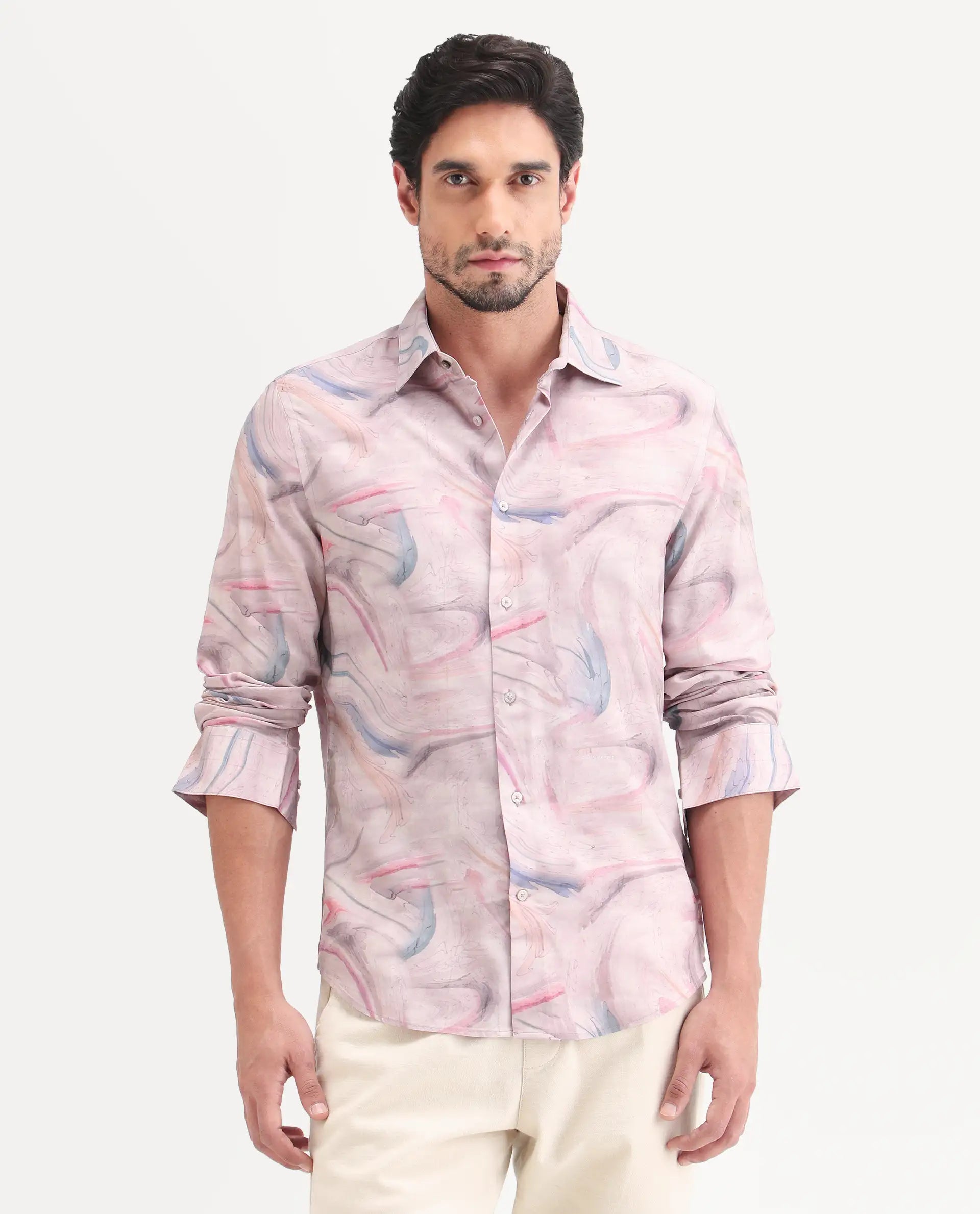 Rare Rabbit Men's Lurk Pink Viscose Fabric Full Sleeve Regular Fit Abstract Print  Shirt