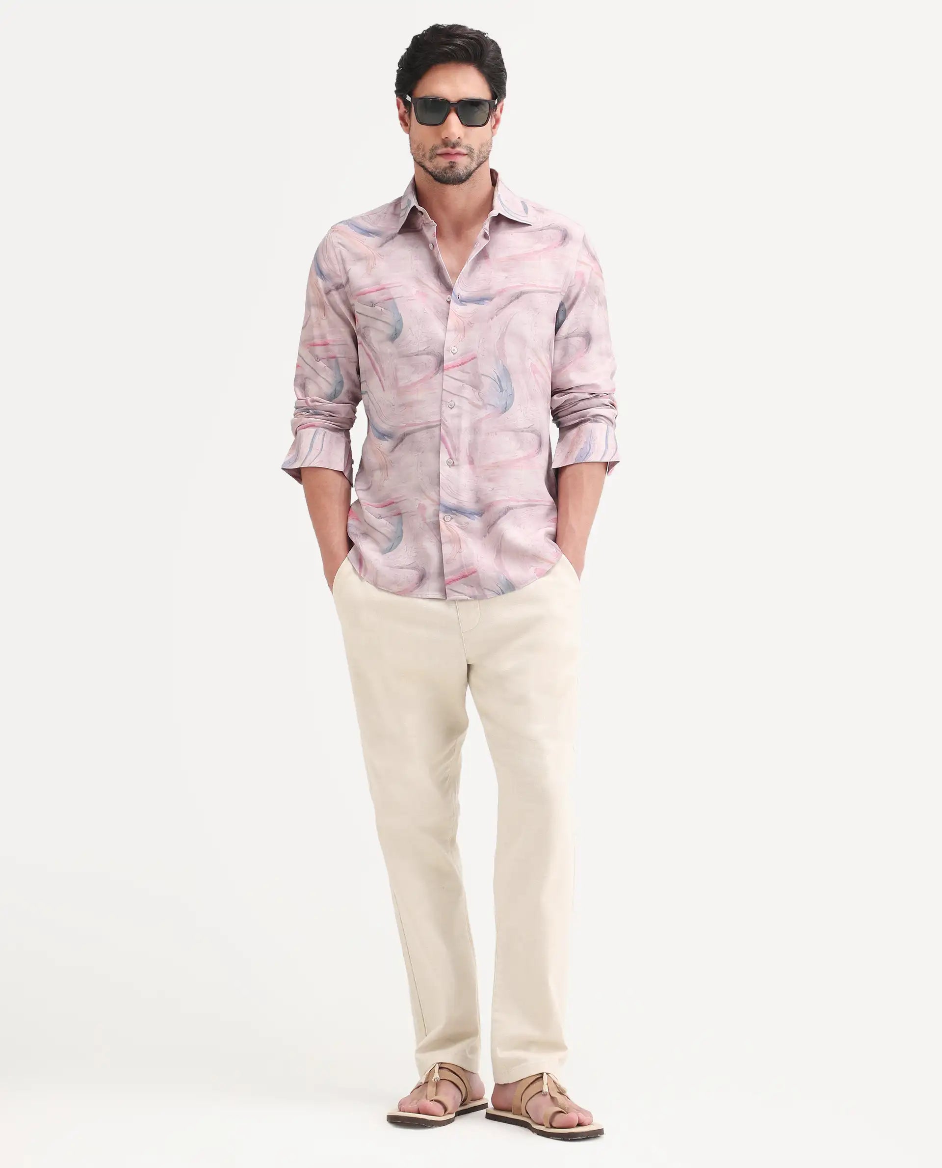 Rare Rabbit Men's Lurk Pink Viscose Fabric Full Sleeve Regular Fit Abstract Print  Shirt