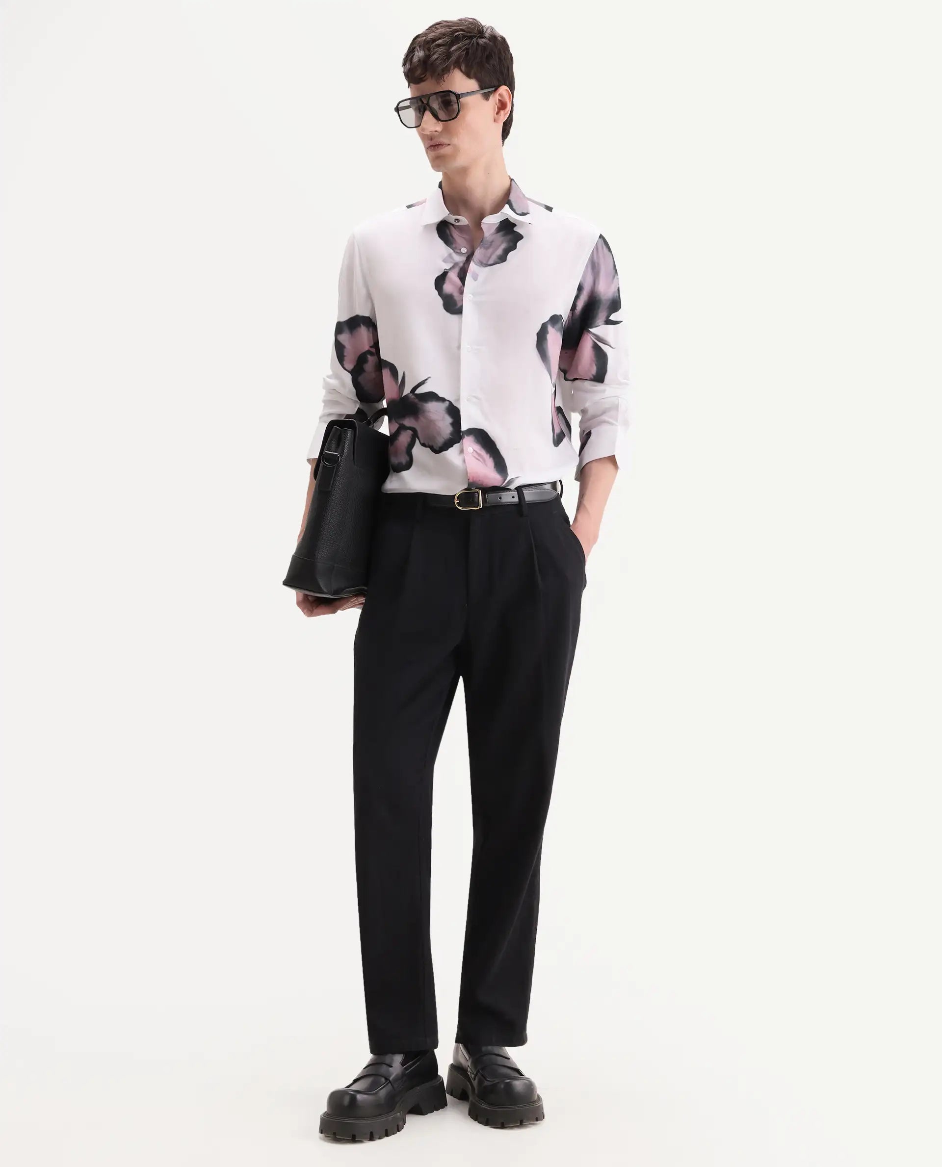 Rare Rabbit Men's Nalar White Viscose Fabric Full Sleeve Regular Fit Floral Print Shirt