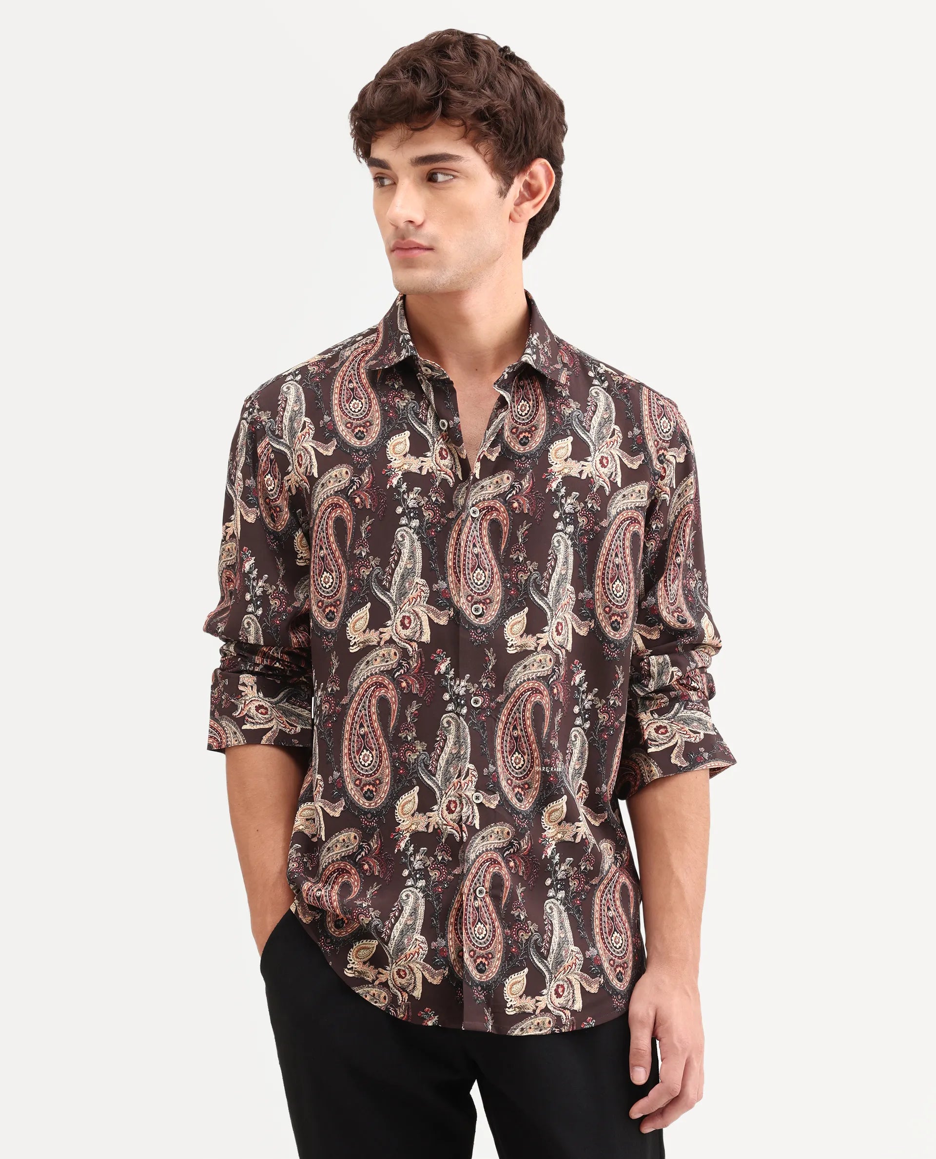 Rare Rabbit Men's Faye Dark Brown Viscose Fabric Full Sleeve Regular Fit Paisley Print Shirt