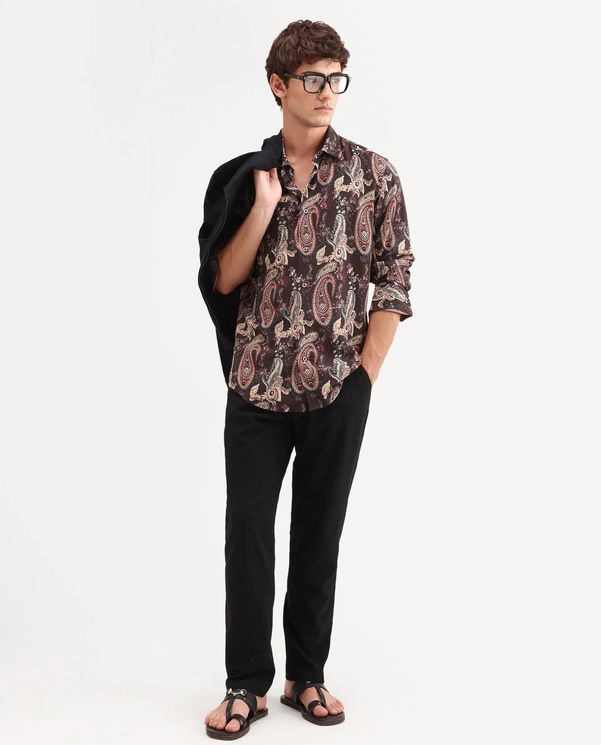 Rare Rabbit Men's Faye Dark Brown Viscose Fabric Full Sleeve Regular Fit Paisley Print Shirt