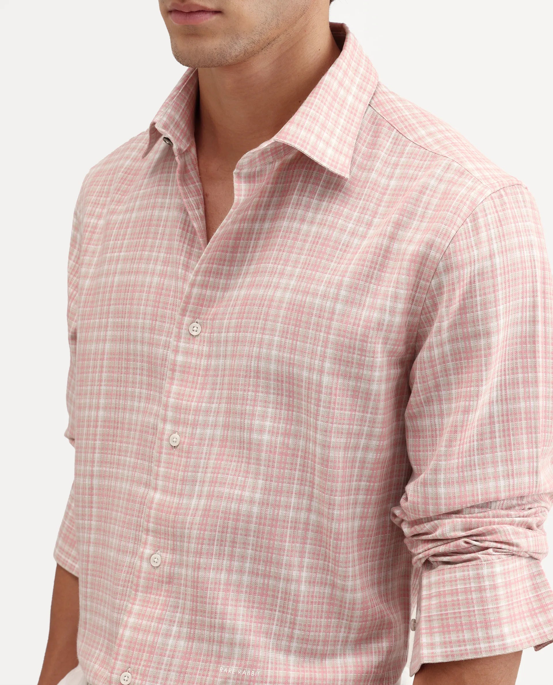 Rare Rabbit Men's Trale Light Pink Cotton Fabric Full Sleeve Regular Fit Checked Shirt