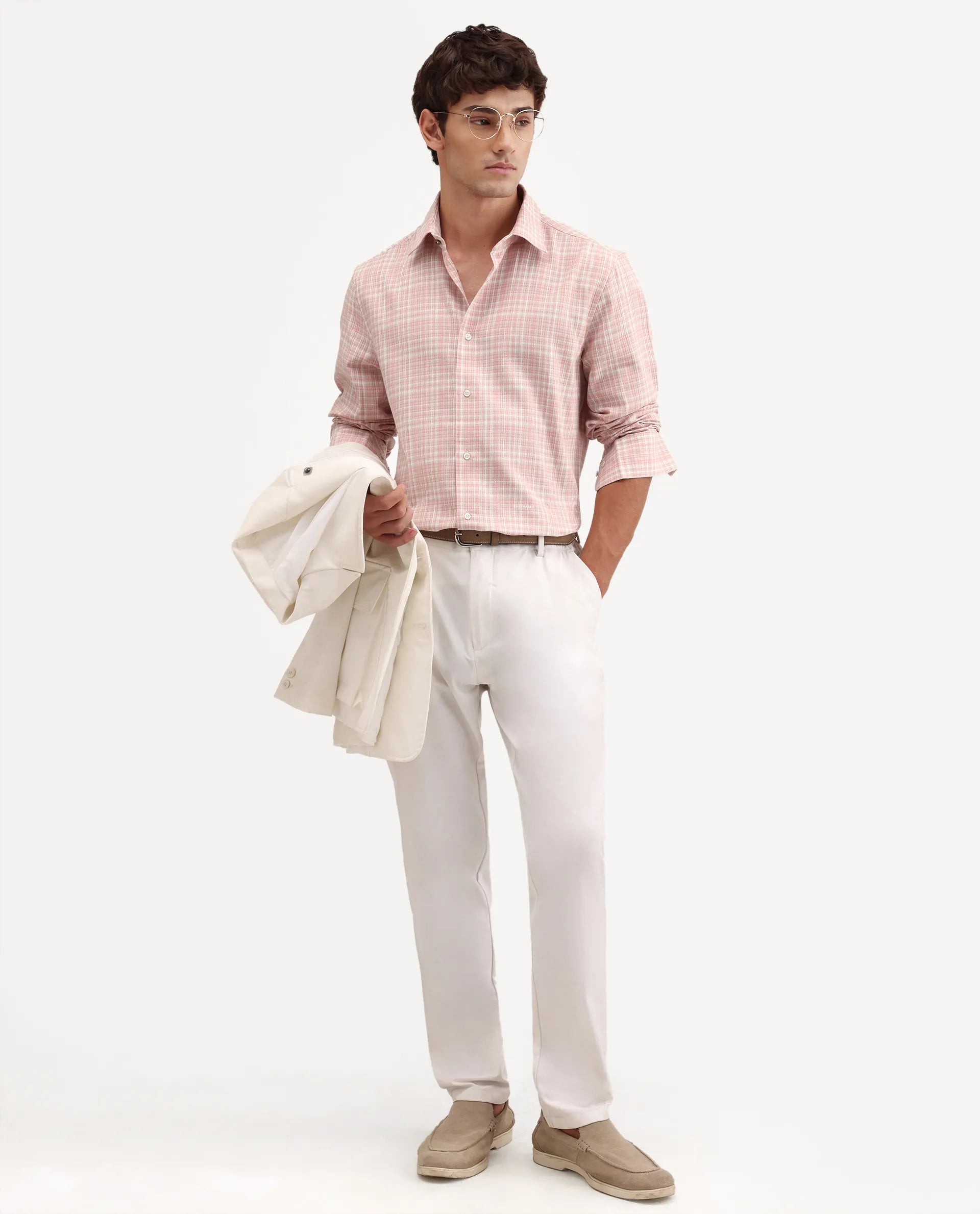 Rare Rabbit Men's Trale Light Pink Cotton Fabric Full Sleeve Regular Fit Checked Shirt