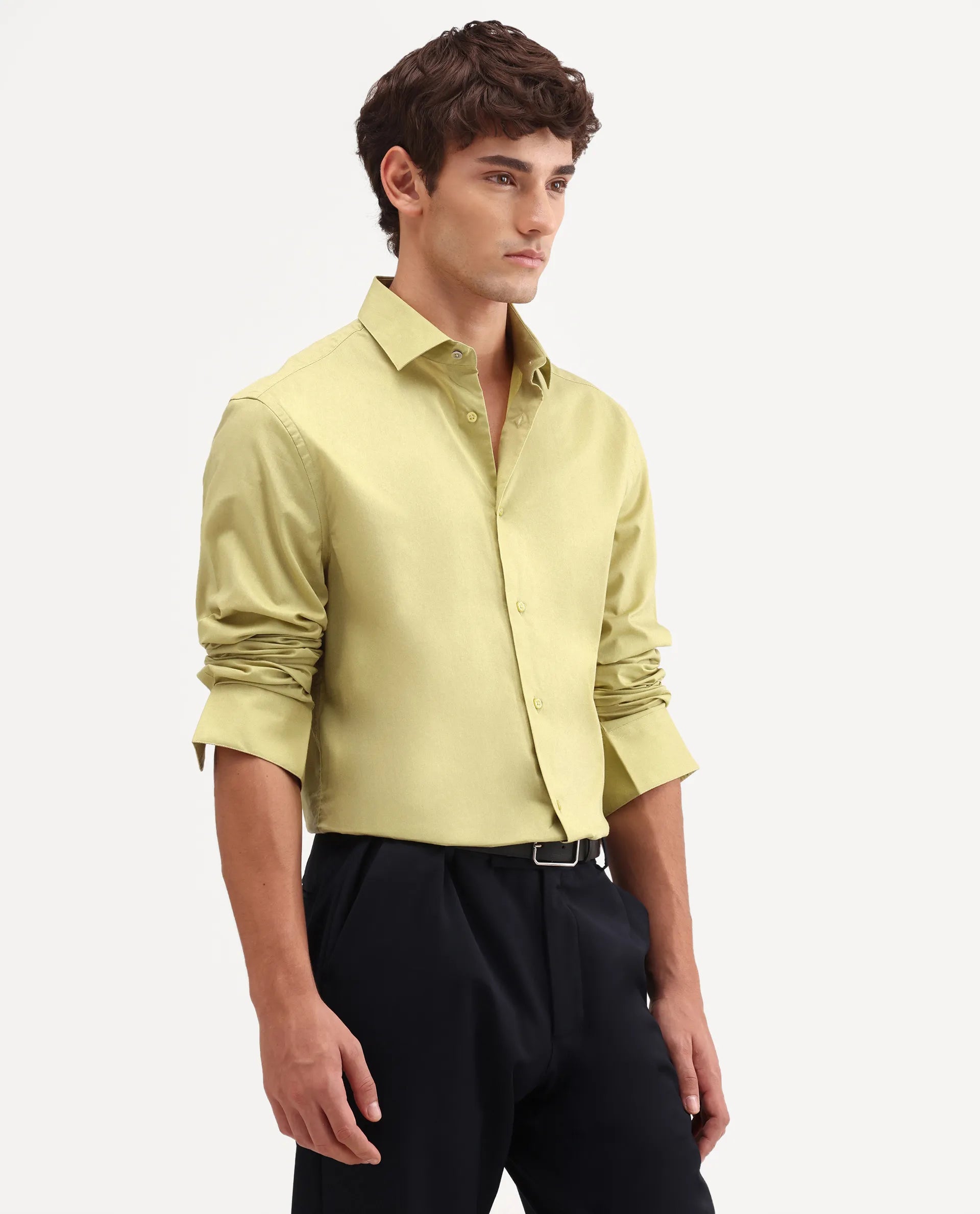 Rare Rabbit Men's Antec Yellow Cotton Blend Fabric Full Sleeve Regular Fit Plain Shirt
