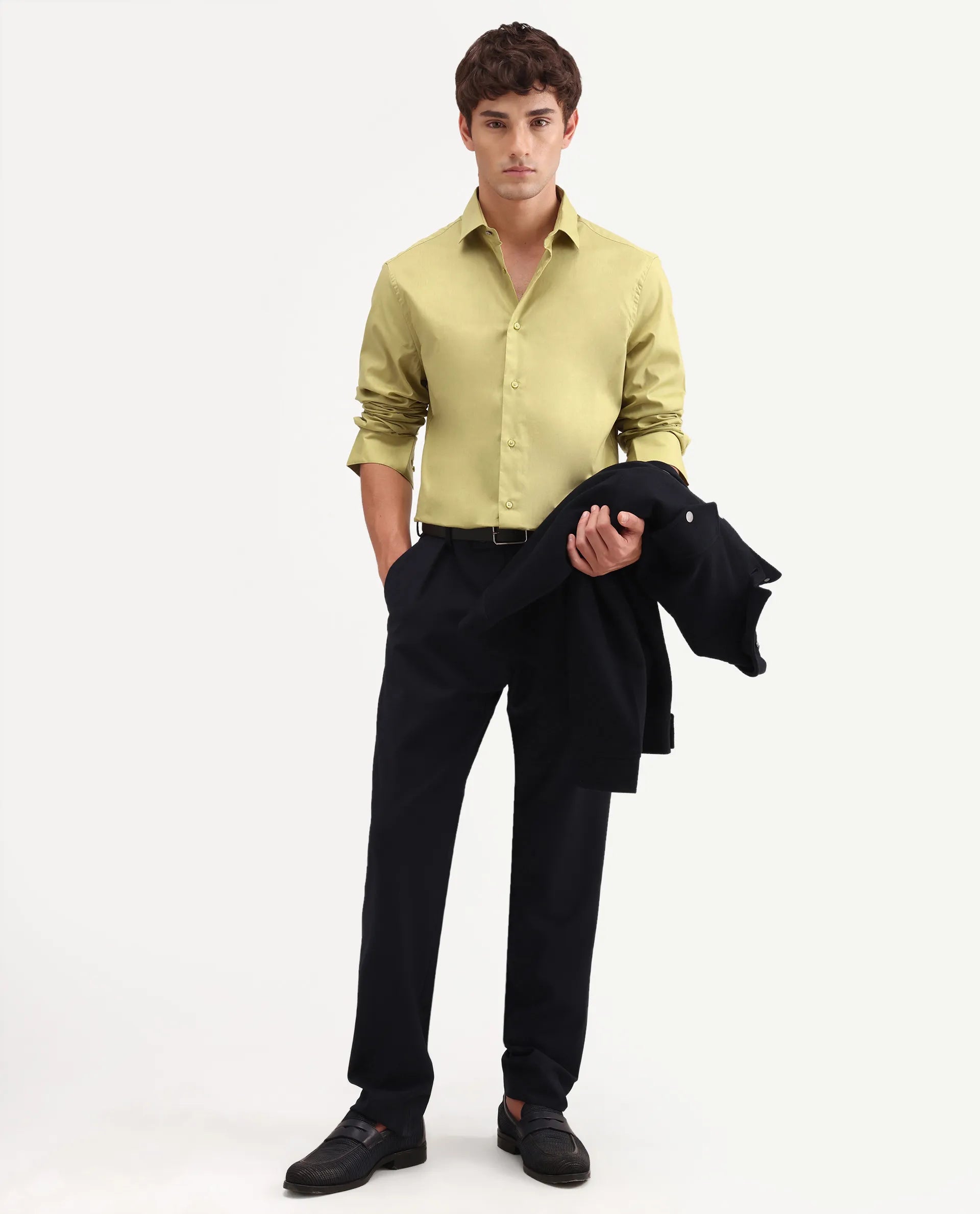 Rare Rabbit Men's Antec Yellow Cotton Blend Fabric Full Sleeve Regular Fit Plain Shirt