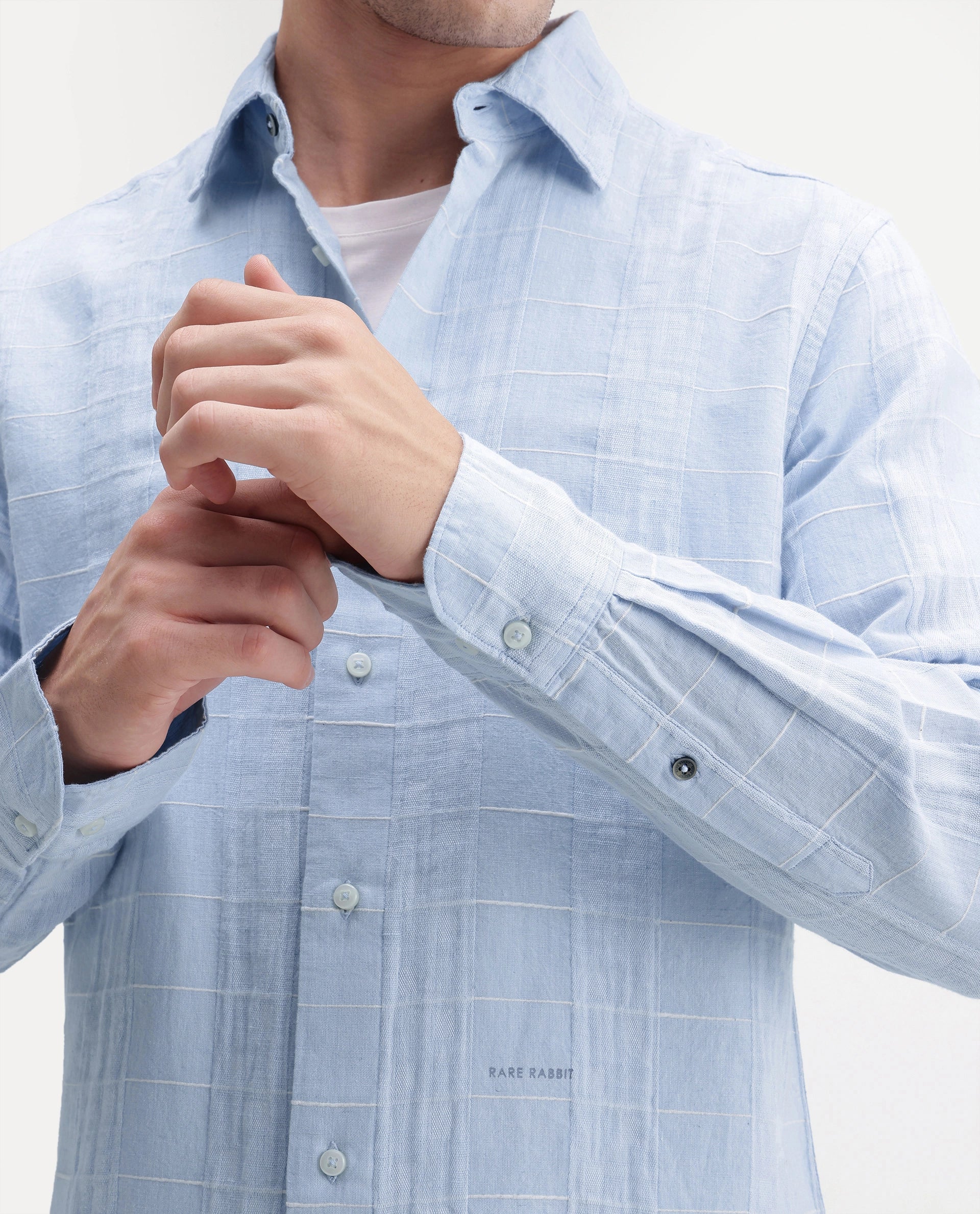 Rare Rabbit Men's Prads Light Blue Cotton Blend Fabric Full Sleeve Regular Fit Checked Shirt