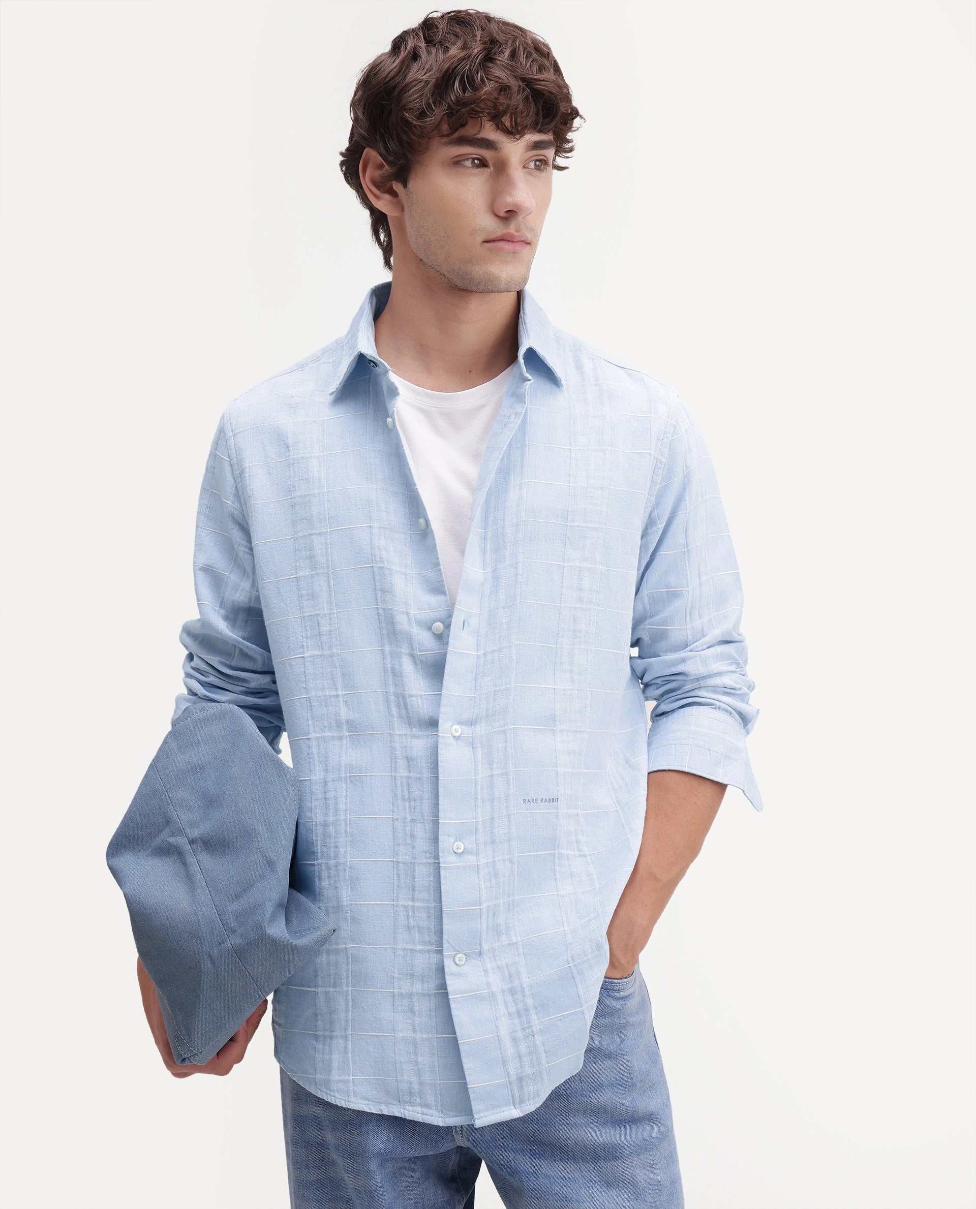 Rare Rabbit Men's Prads Light Blue Cotton Blend Fabric Full Sleeve Regular Fit Checked Shirt