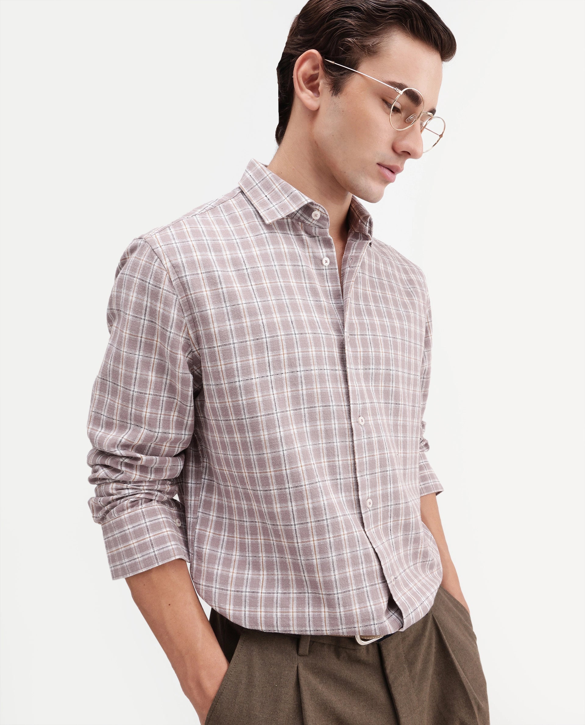 Rare Rabbit Men's Amor Dusky Purple Cotton Fabric Full Sleeve Regular Fit Checked Shirt