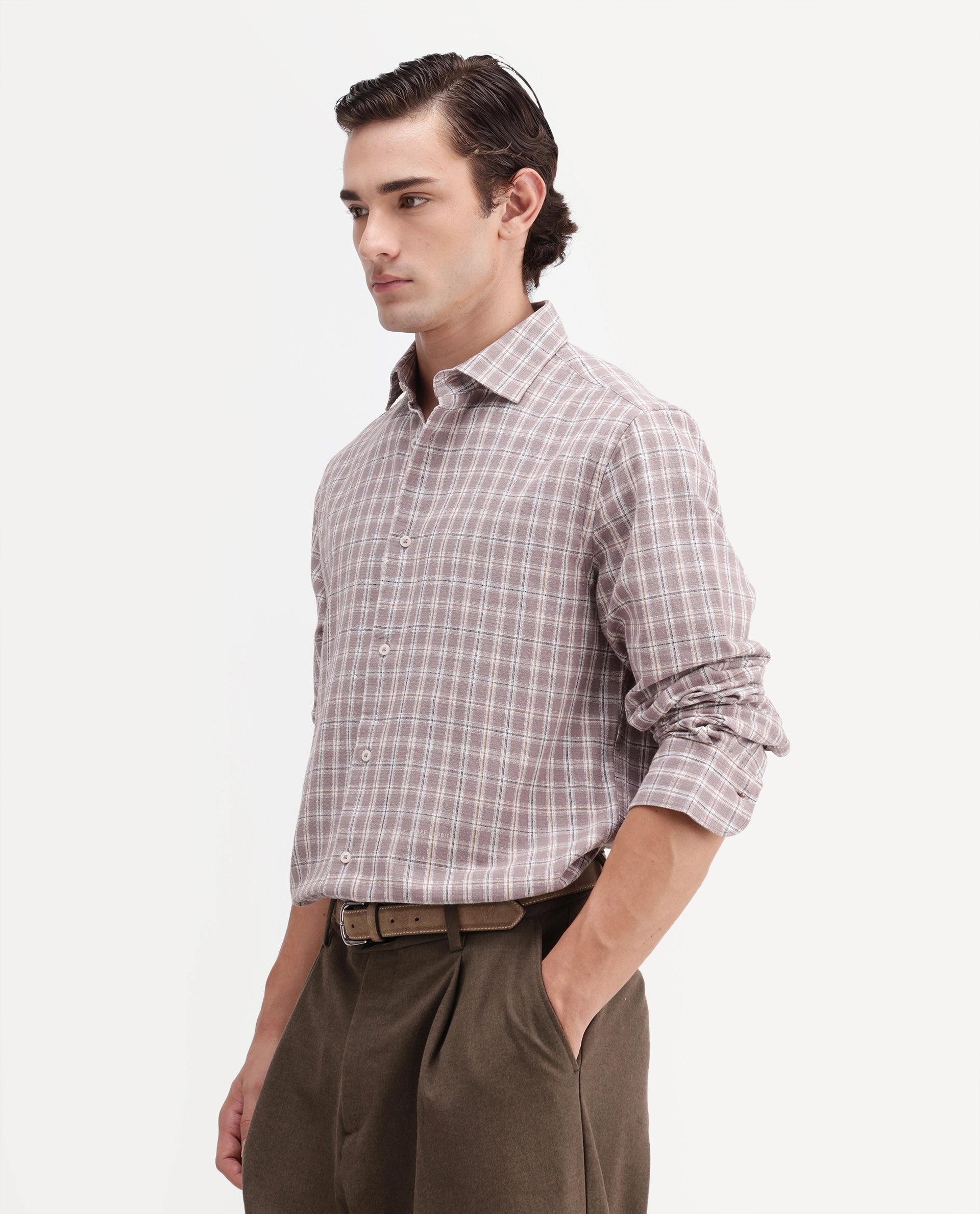 Rare Rabbit Men's Amor Dusky Purple Cotton Fabric Full Sleeve Regular Fit Checked Shirt