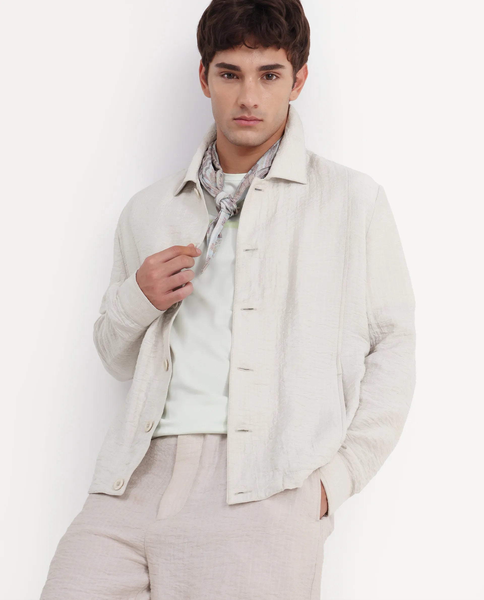 Rare Rabbit Men's Veon -J Off White Viscose Blend Fabric Full Sleeve Spread Collar Regular Fit Plain Shacket