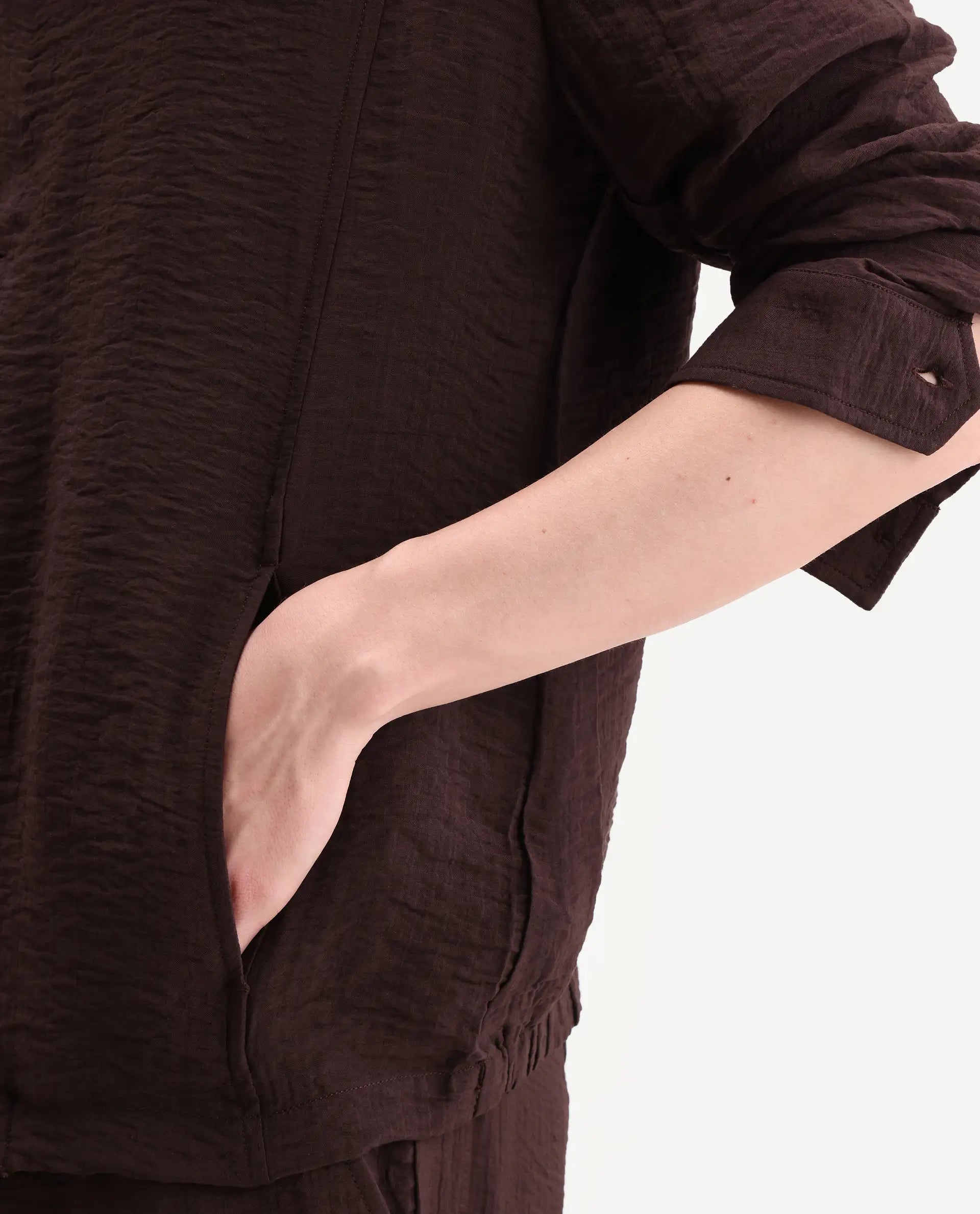 Rare Rabbit Men's Veon-J Dark Brown Viscose Blend Fabric Full Sleeve Spread Collar Regular Fit Plain Shacket
