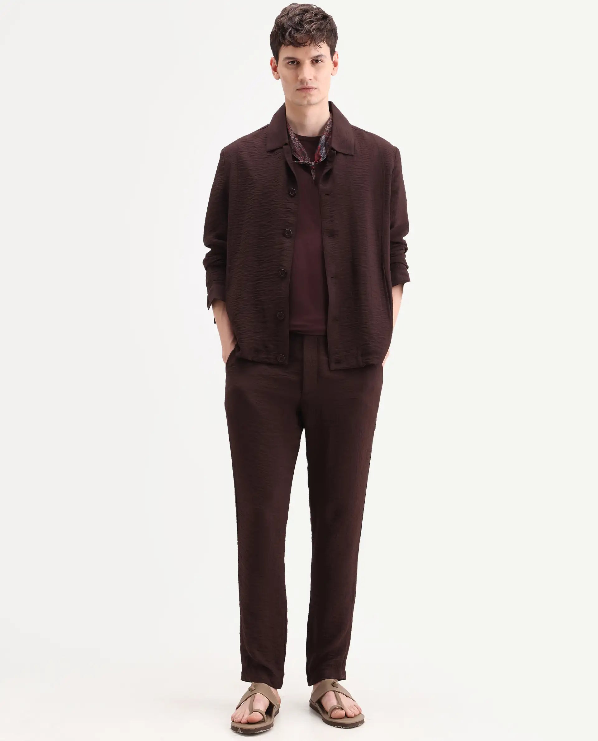 Rare Rabbit Men's Veon-J Dark Brown Viscose Blend Fabric Full Sleeve Spread Collar Regular Fit Plain Shacket