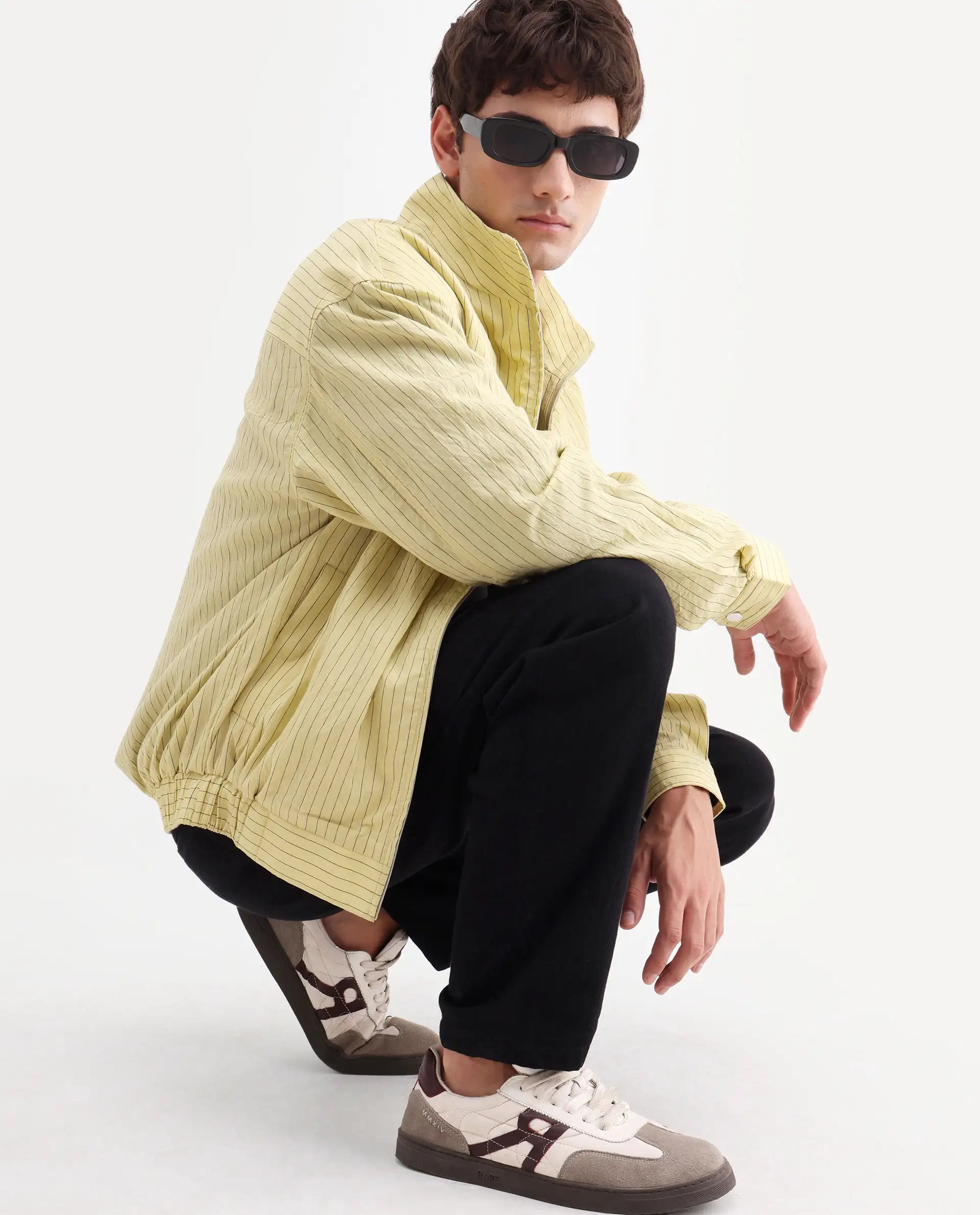 Rare Rabbit Men's Mivo Fluorescent Green Viscose Blend Fabric Full Sleeve High Neck Regular Fit Plain Shacket