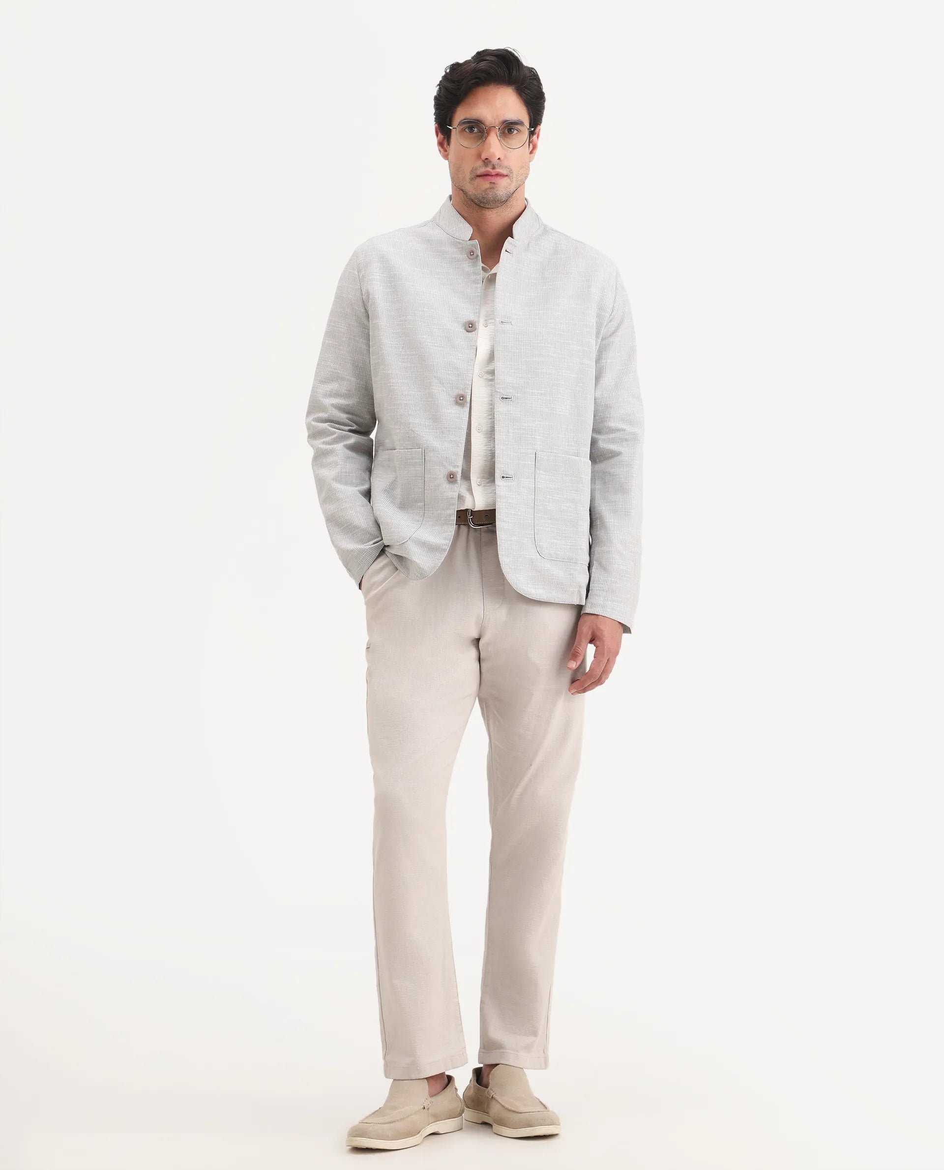 Rare Rabbit Men's Bira-J Light Grey Cotton Blend Fabric Full Sleeve Mandarin Collar Regular Fit Striped Shacket