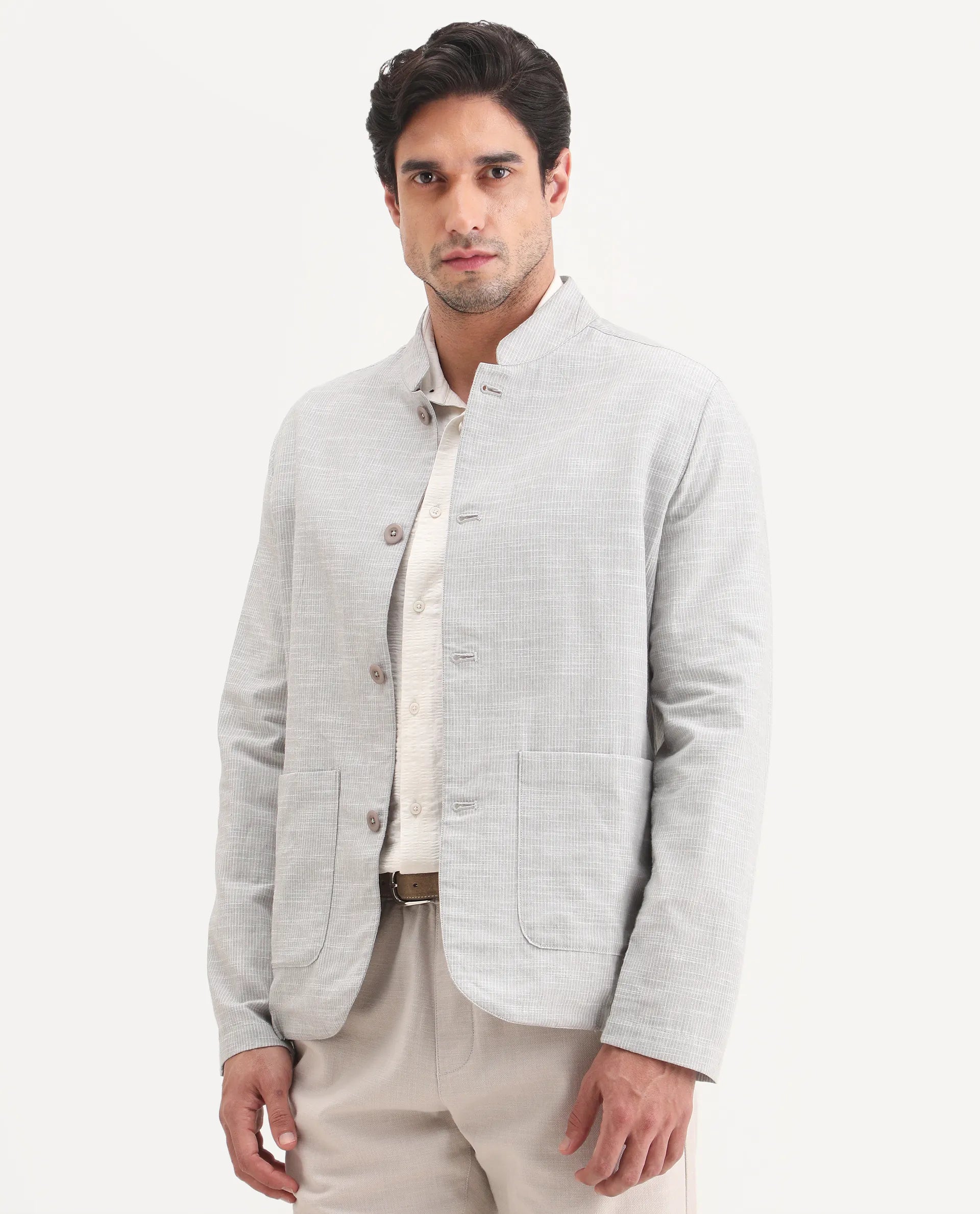Rare Rabbit Men's Bira-J Light Grey Cotton Blend Fabric Full Sleeve Mandarin Collar Regular Fit Striped Shacket