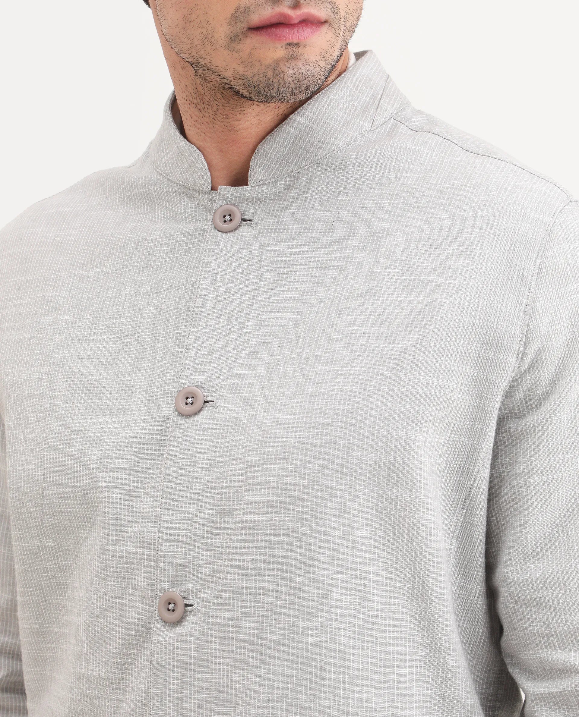 Rare Rabbit Men's Bira-J Light Grey Cotton Blend Fabric Full Sleeve Mandarin Collar Regular Fit Striped Shacket