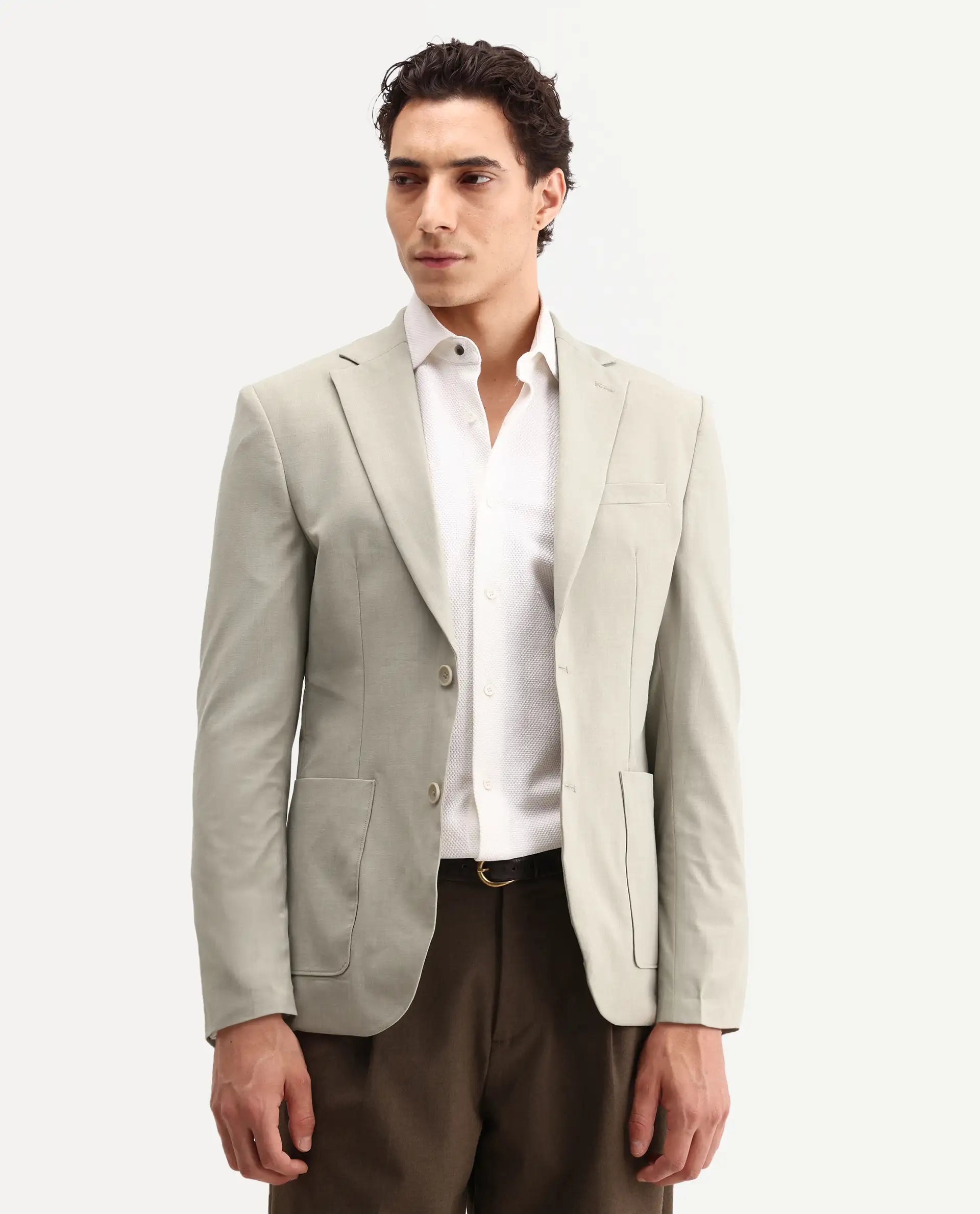 Rare Rabbit Men's Arca Pastel Beige Polyester Blend Fabric Full Sleeve Lapel Collar Regular Plain Blazer