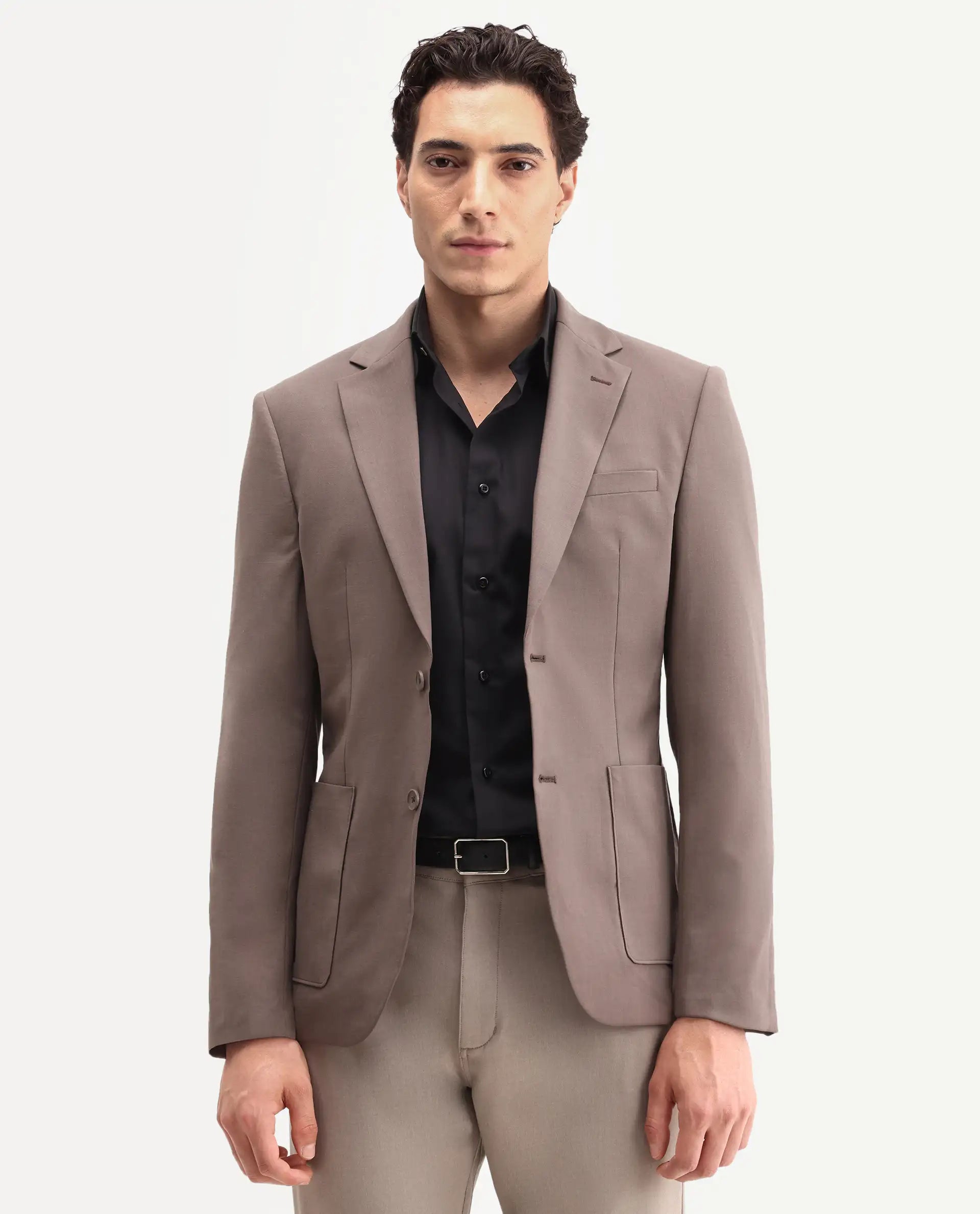 Rare Rabbit Men's Arca Dark Brown Polyester Blend Fabric Full Sleeve Lapel Collar Regular Plain Blazer