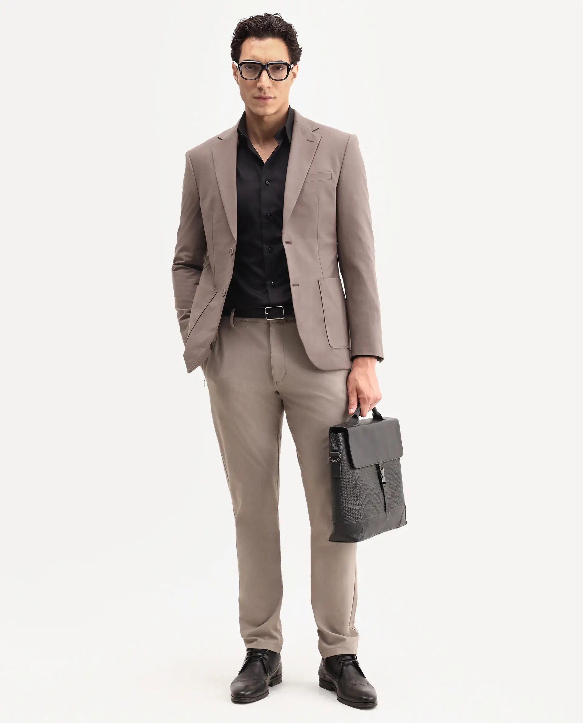 Rare Rabbit Men's Arca Dark Brown Polyester Blend Fabric Full Sleeve Lapel Collar Regular Plain Blazer