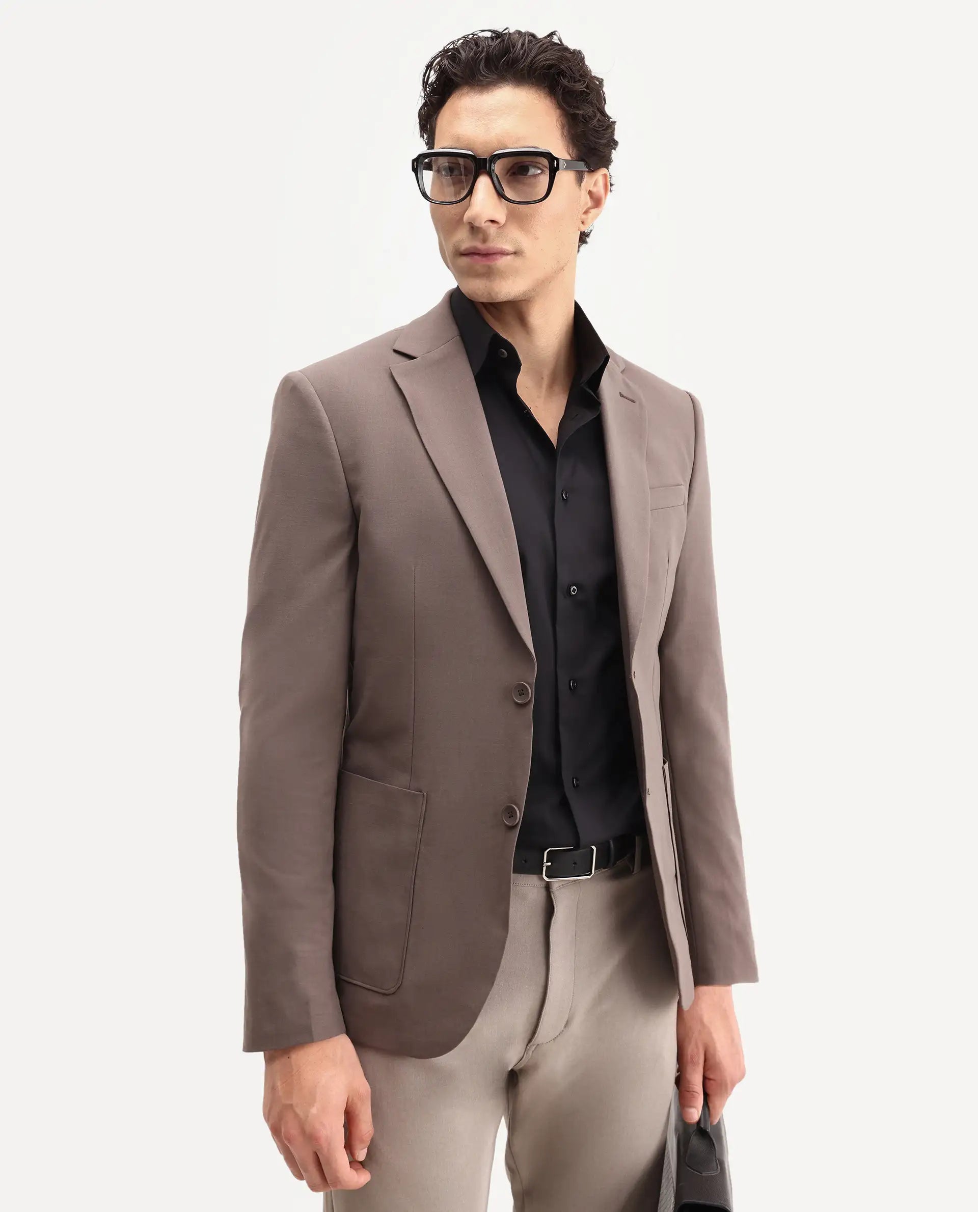 Rare Rabbit Men's Arca Dark Brown Polyester Blend Fabric Full Sleeve Lapel Collar Regular Plain Blazer