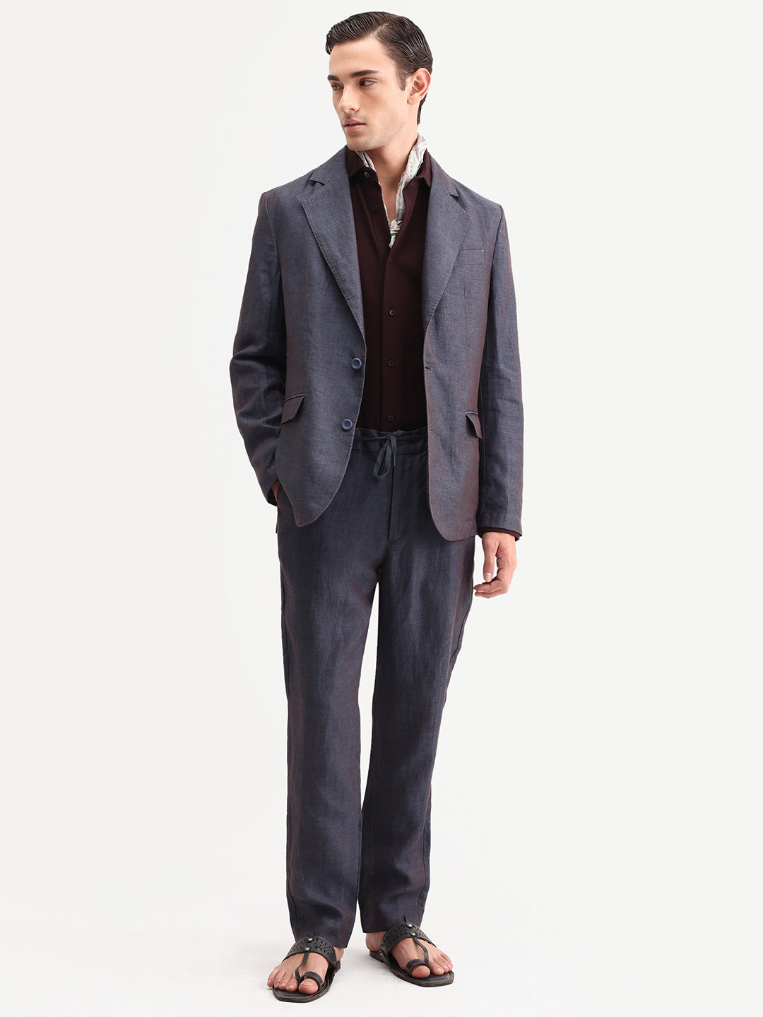 Rare Rabbit Men's Borium-Bl Dark Blue 100% Linen Fabric Full Sleeve Lapel Collar Regular Plain Blazer