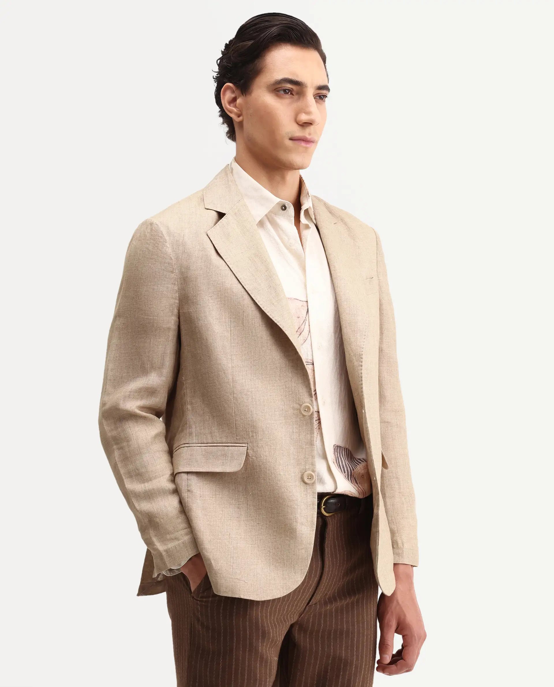 Rare Rabbit Men's Borium-Bl Beige 100% Linen Fabric Full Sleeve Lapel Collar Regular Plain Blazer