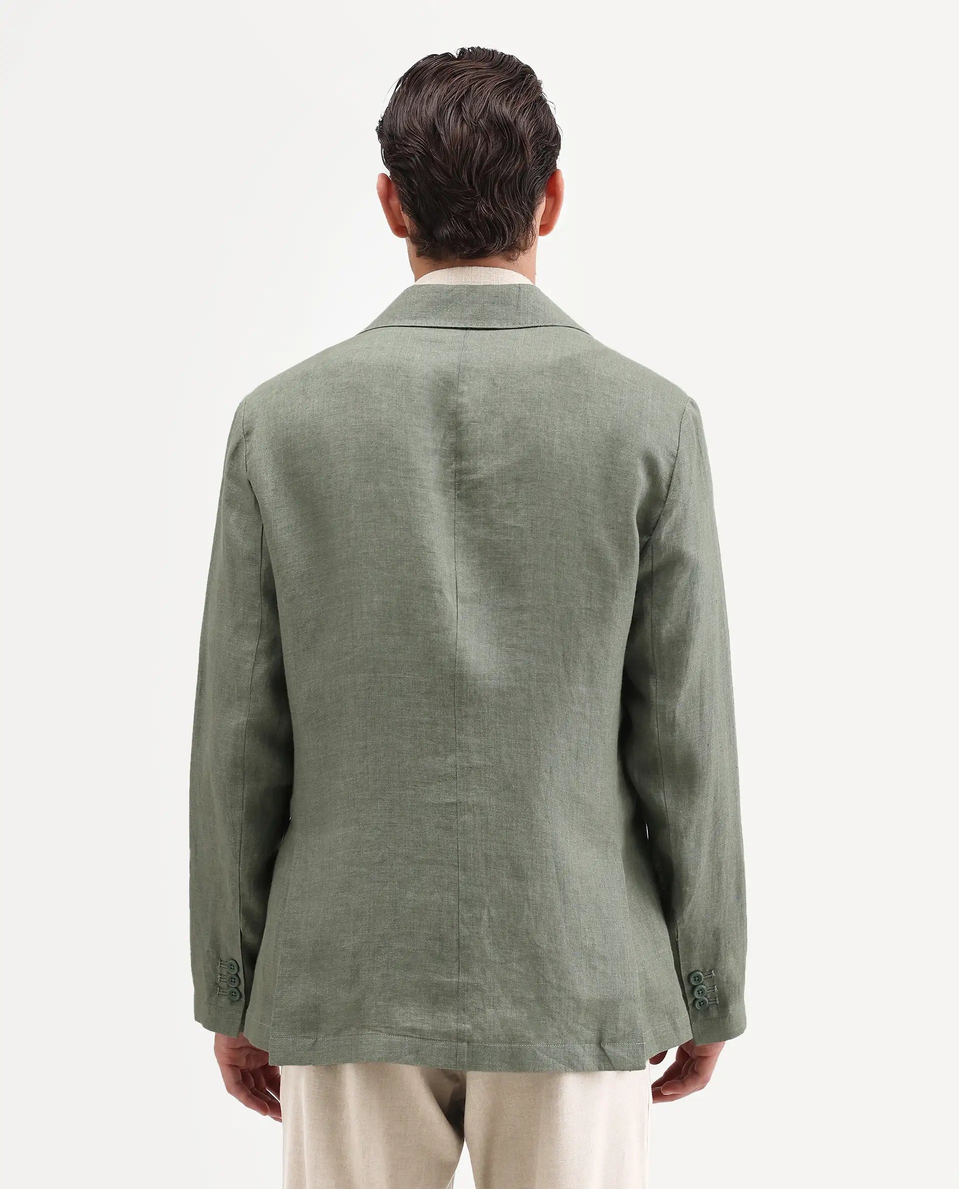 Rare Rabbit Men's Borium-Bl Dusky Green 100% Linen Fabric Full Sleeve Lapel Collar Regular Plain Blazer