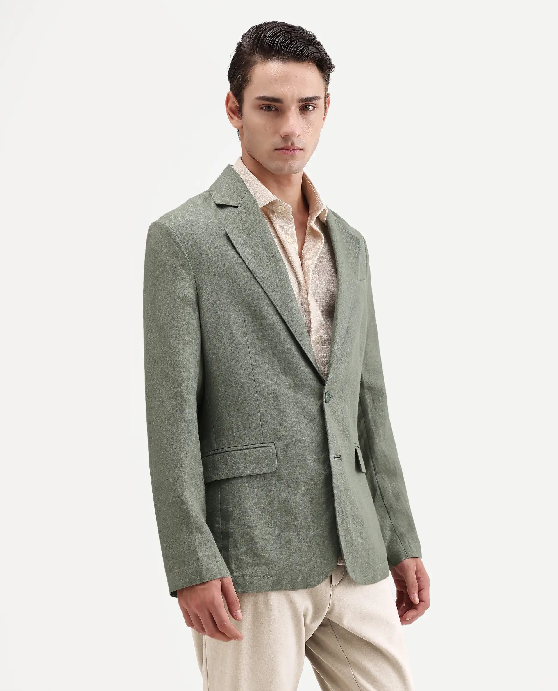 Rare Rabbit Men's Borium-Bl Dusky Green 100% Linen Fabric Full Sleeve Lapel Collar Regular Plain Blazer