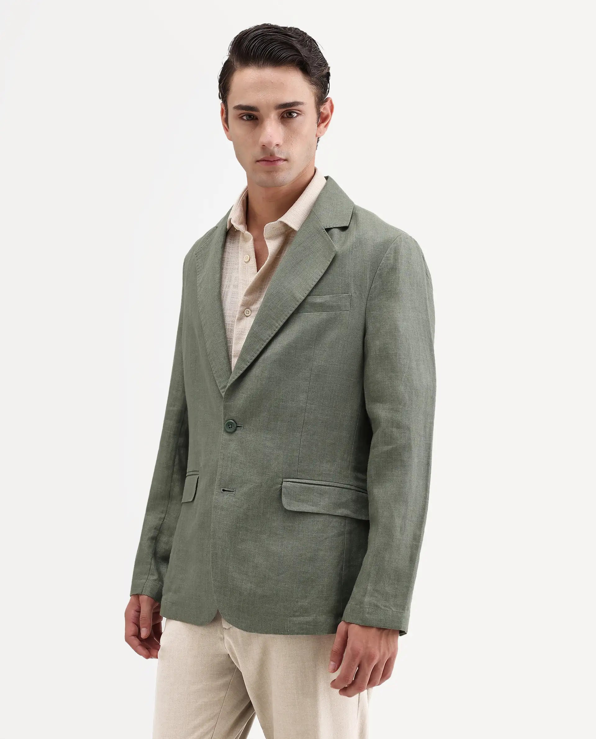 Rare Rabbit Men's Borium-Bl Dusky Green 100% Linen Fabric Full Sleeve Lapel Collar Regular Plain Blazer