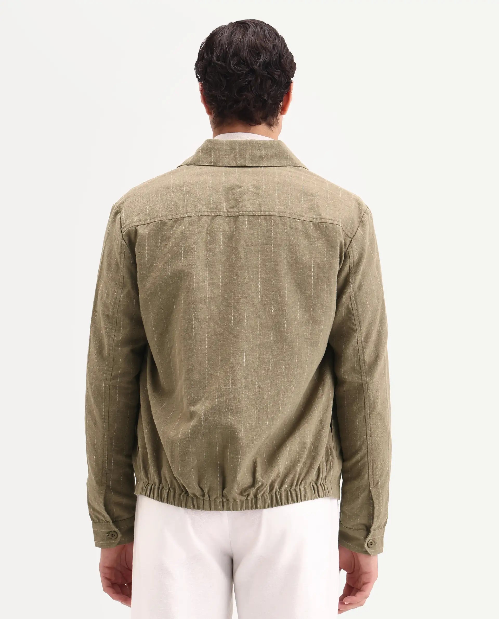 Rare Rabbit Men's Jlo-S-26 Khaki Linen Blend Fabric Full Sleeve Collar Regular Fit Striped Shacket