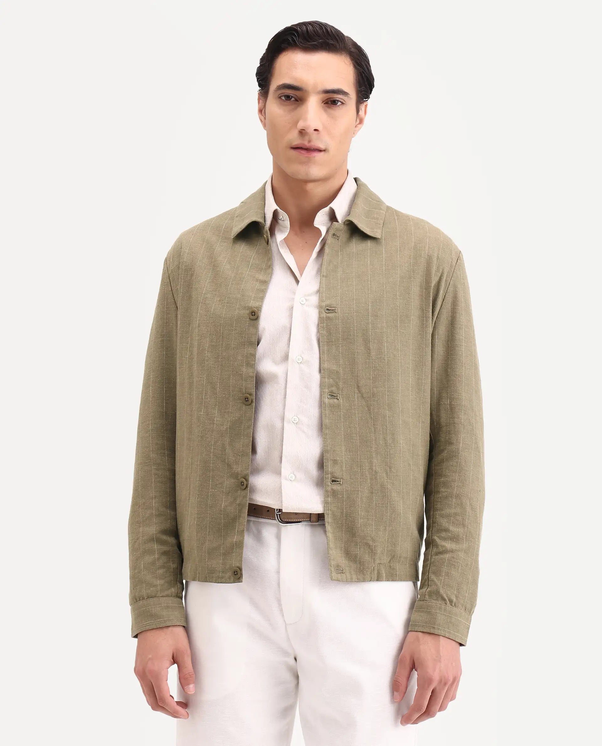 Rare Rabbit Men's Jlo-S-26 Khaki Linen Blend Fabric Full Sleeve Collar Regular Fit Striped Shacket