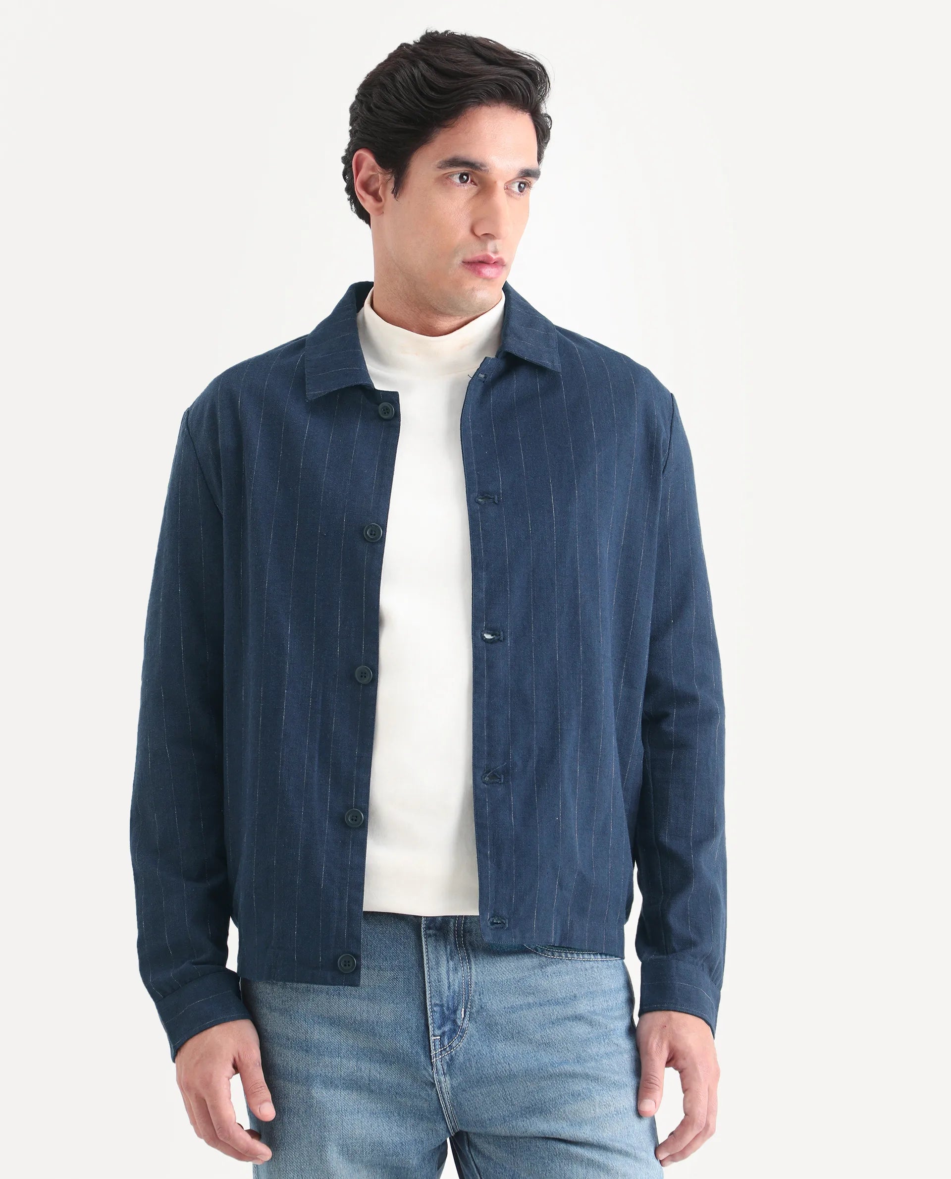 Rare Rabbit Men's Jlo-S-26 Navy Linen Blend Fabric Full Sleeve Collar Regular Fit Striped Shacket