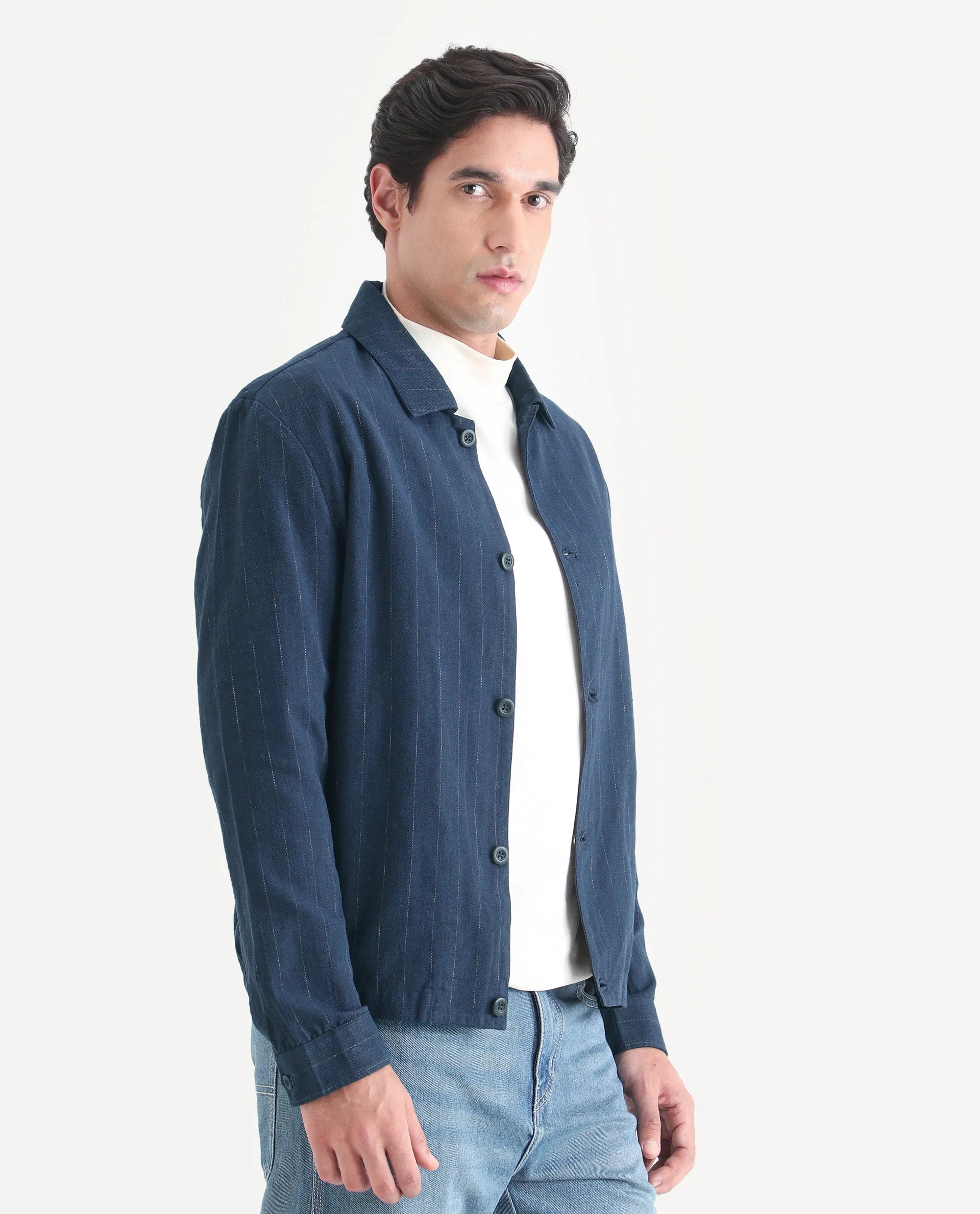 Rare Rabbit Men's Jlo-S-26 Navy Linen Blend Fabric Full Sleeve Collar Regular Fit Striped Shacket