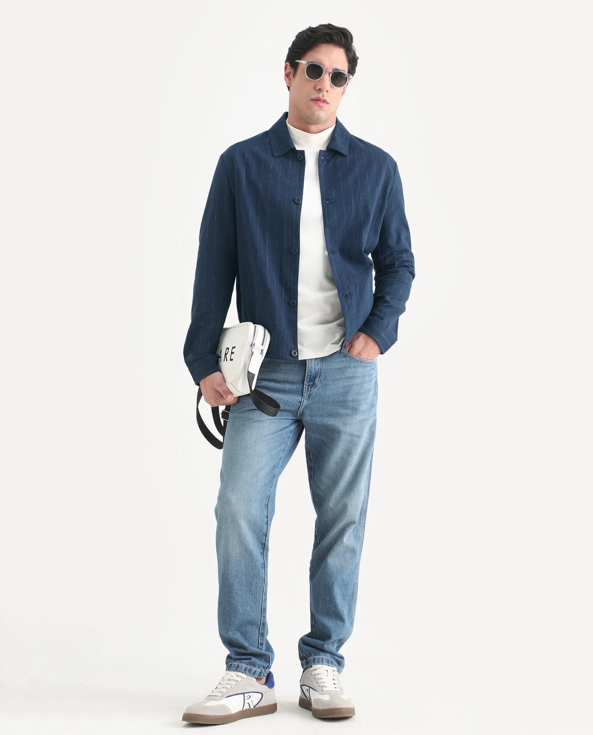 Rare Rabbit Men's Jlo-S-26 Navy Linen Blend Fabric Full Sleeve Collar Regular Fit Striped Shacket