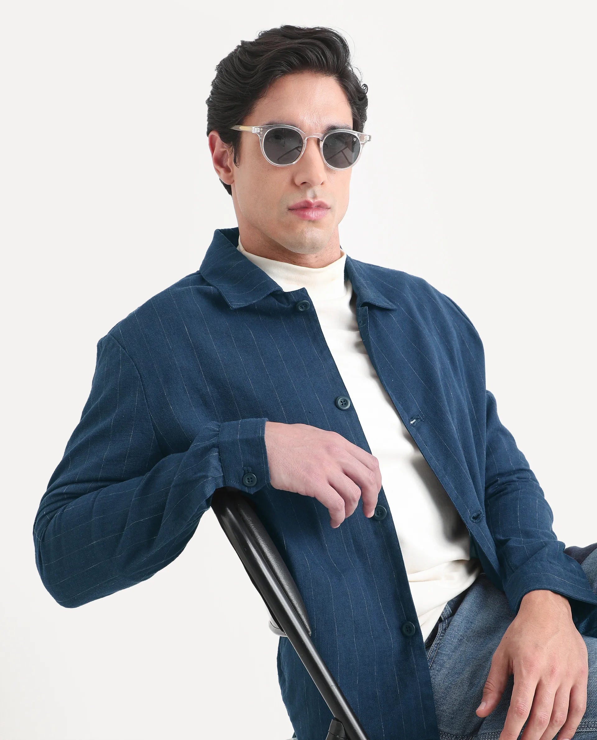 Rare Rabbit Men's Jlo-S-26 Navy Linen Blend Fabric Full Sleeve Collar Regular Fit Striped Shacket