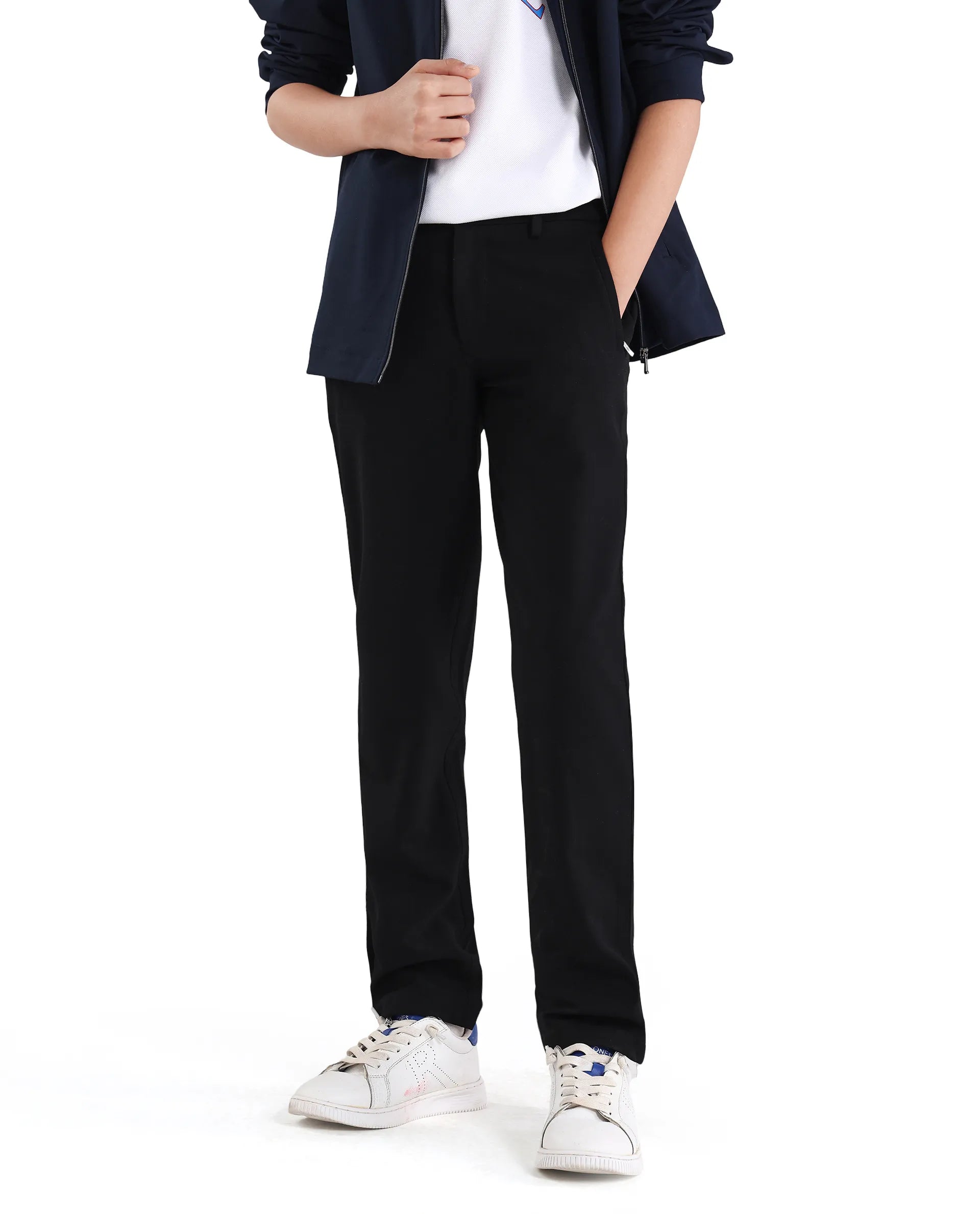 Rare Ones Kids Trove-26 Black Polyester Blend Button And Zipper Closure Slim Fit Trouser