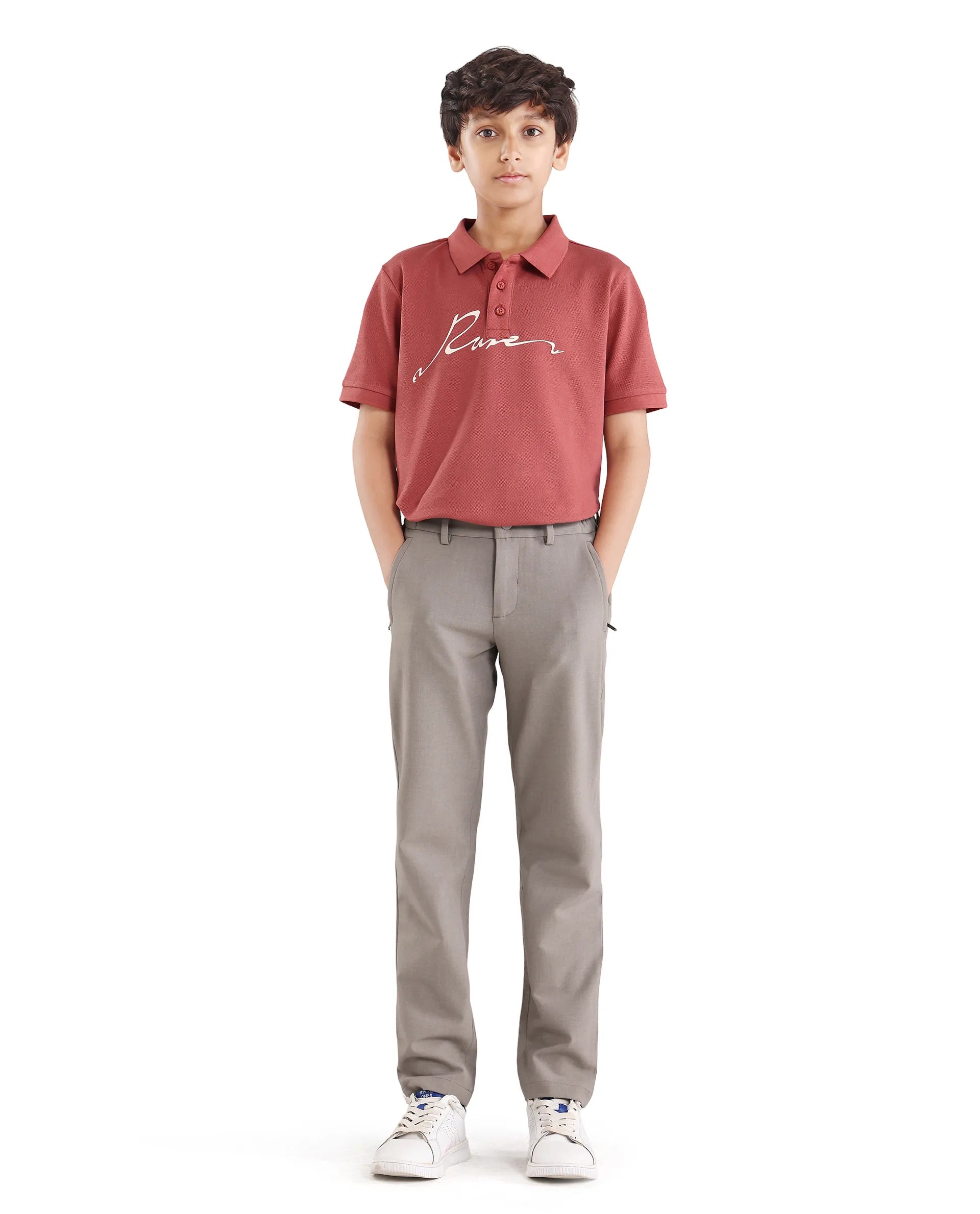 Rare Ones Kids Trove-26 Beige Polyester Blend Button And Zipper Closure Slim Fit Trouser