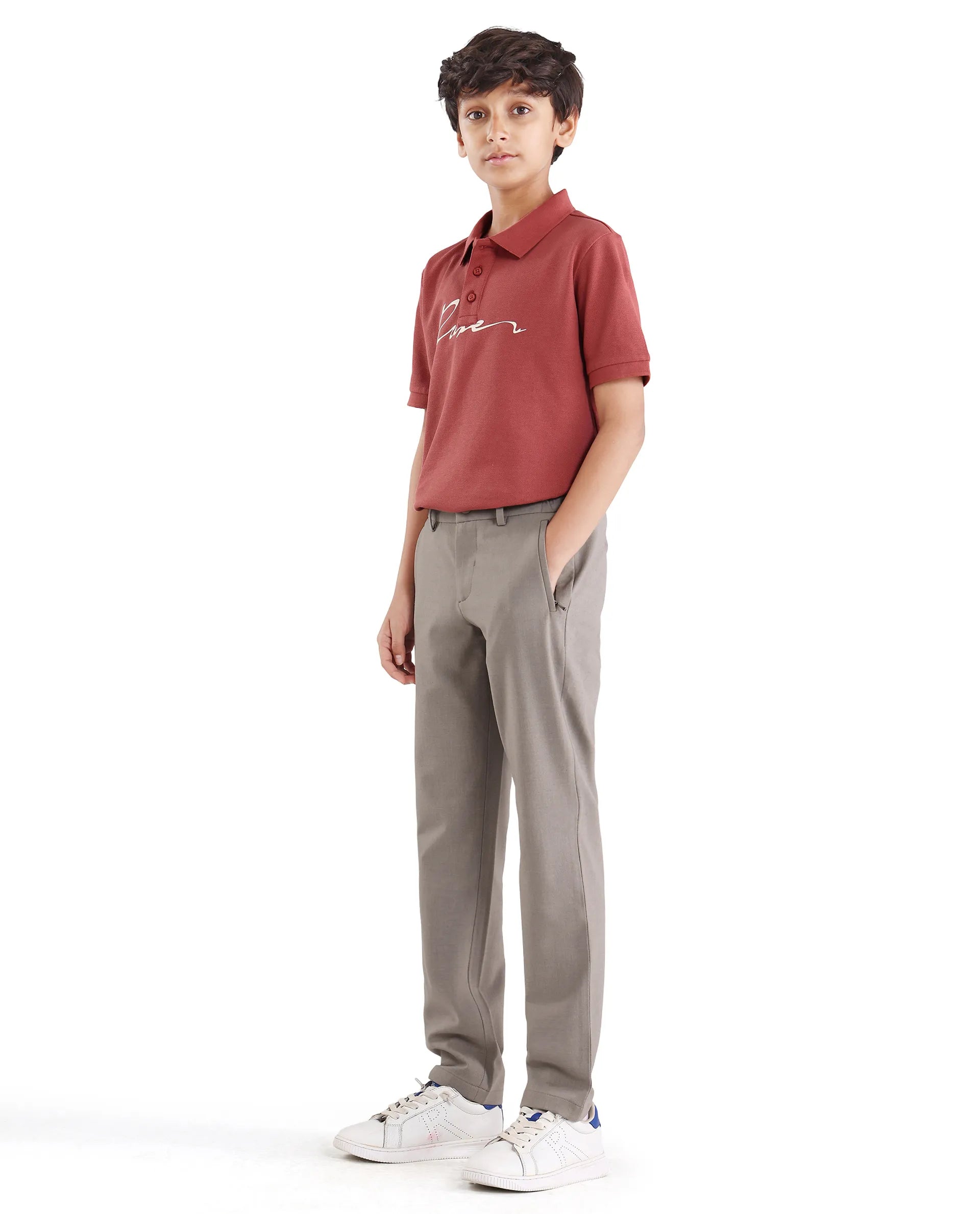 Rare Ones Kids Trove-26 Beige Polyester Blend Button And Zipper Closure Slim Fit Trouser