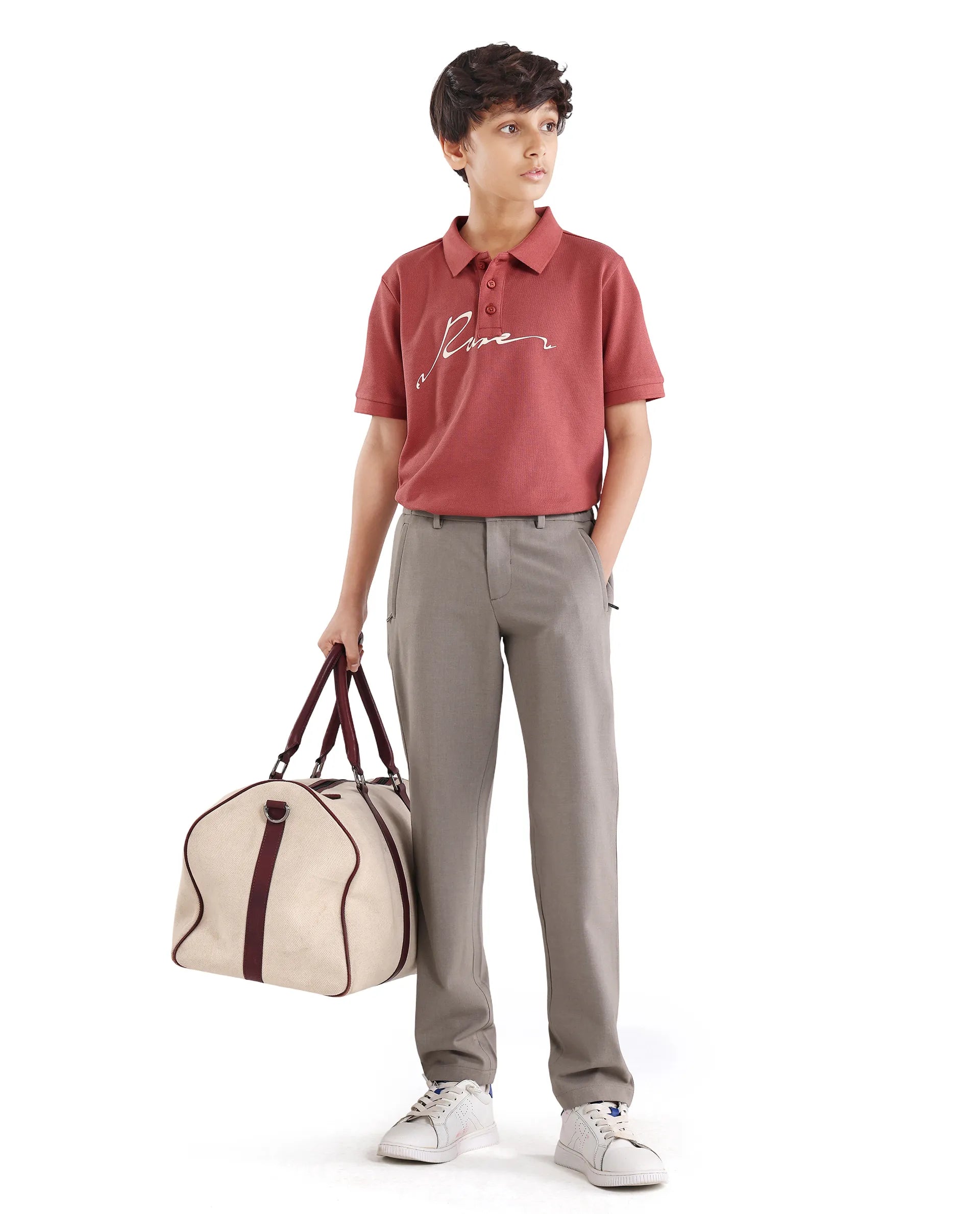 Rare Ones Kids Trove-26 Beige Polyester Blend Button And Zipper Closure Slim Fit Trouser