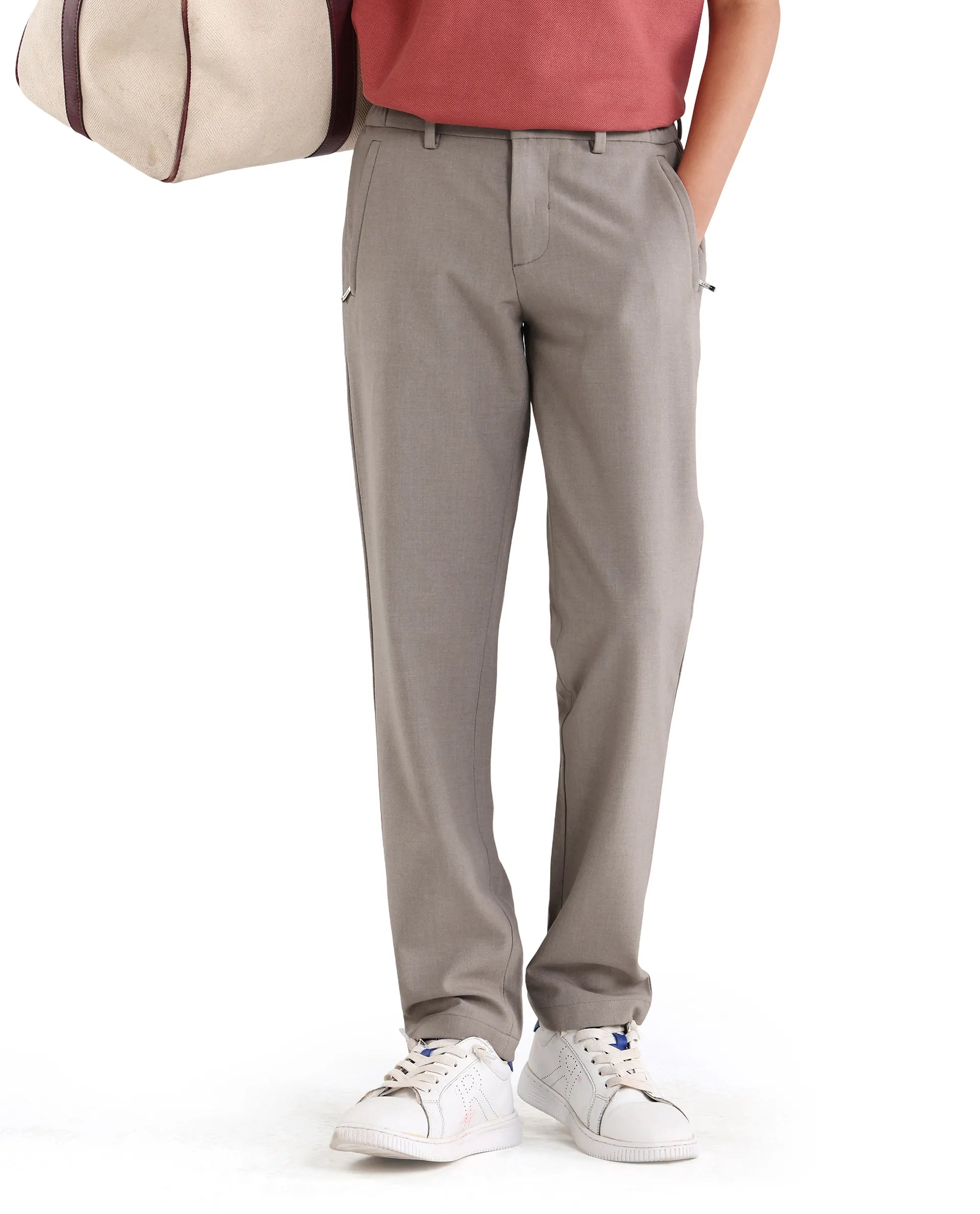 Rare Ones Kids Trove-26 Beige Polyester Blend Button And Zipper Closure Slim Fit Trouser