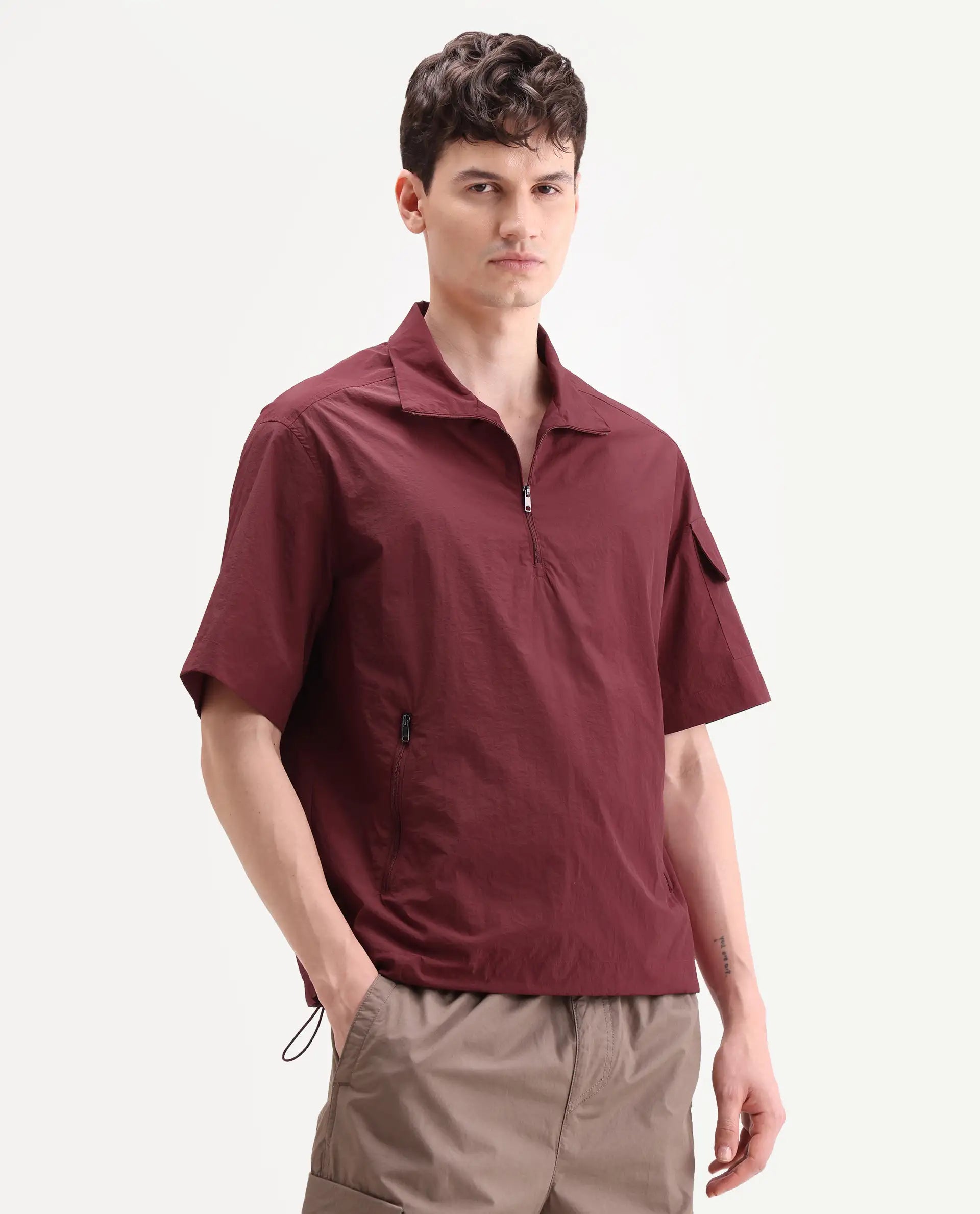 Rare Rabbit Men's Atto Red Nylon Fabric Half Sleeve Spread Collar Regular Fit Plain Polo
