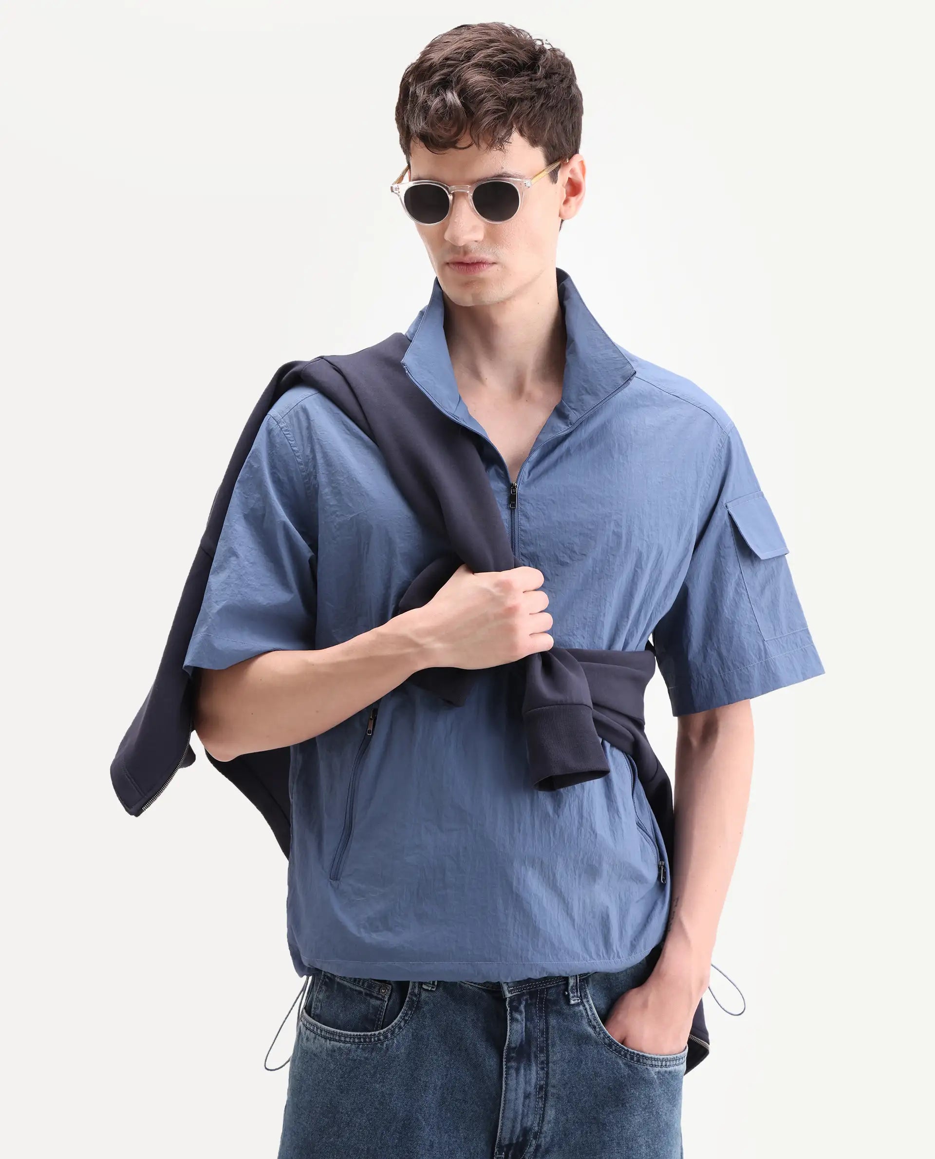 Rare Rabbit Men's Atto Blue Nylon Fabric Half Sleeve Spread Collar Regular Fit Plain Polo