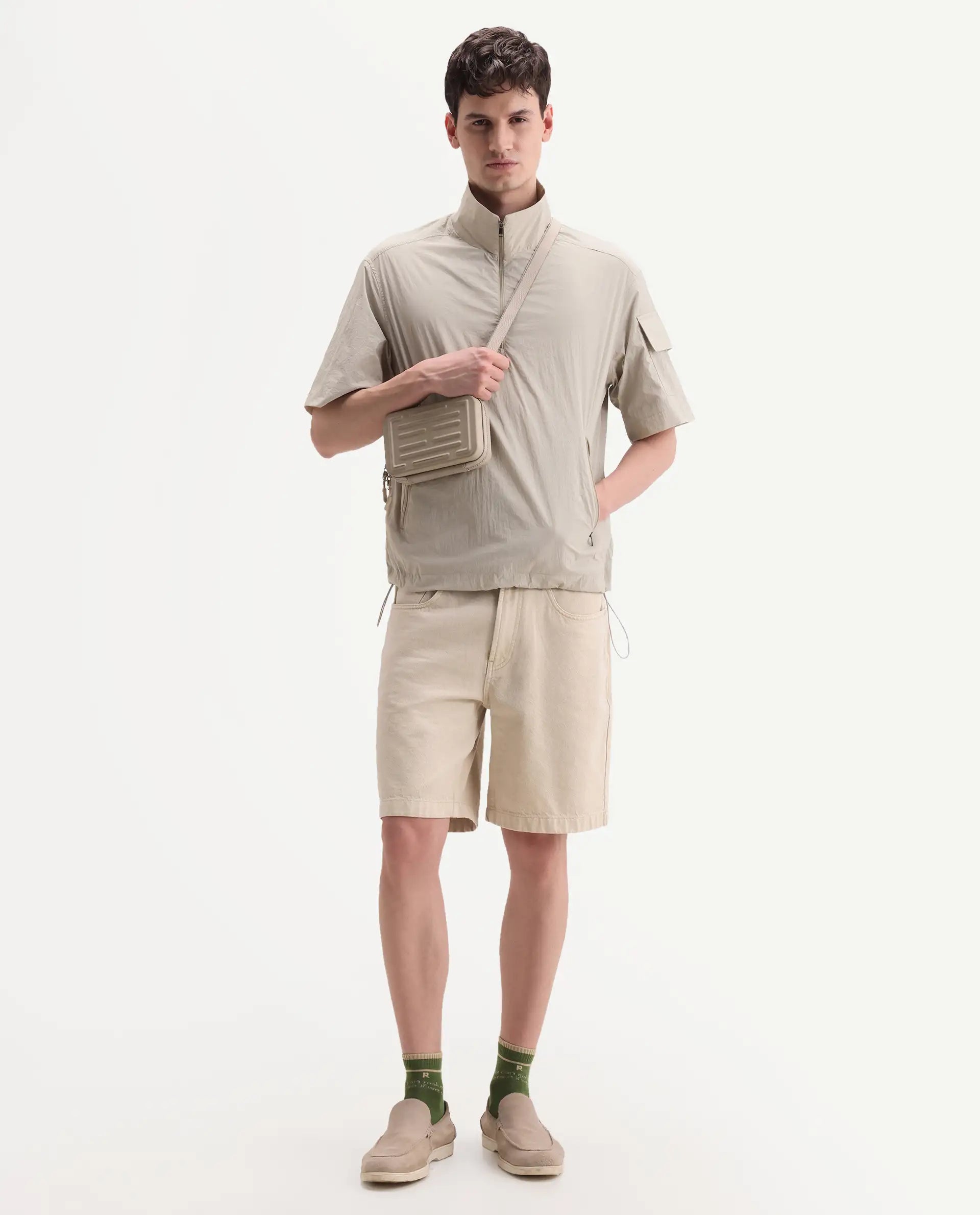 Rare Rabbit Men's Atto Beige Nylon Fabric Half Sleeve Spread Collar Regular Fit Plain Polo